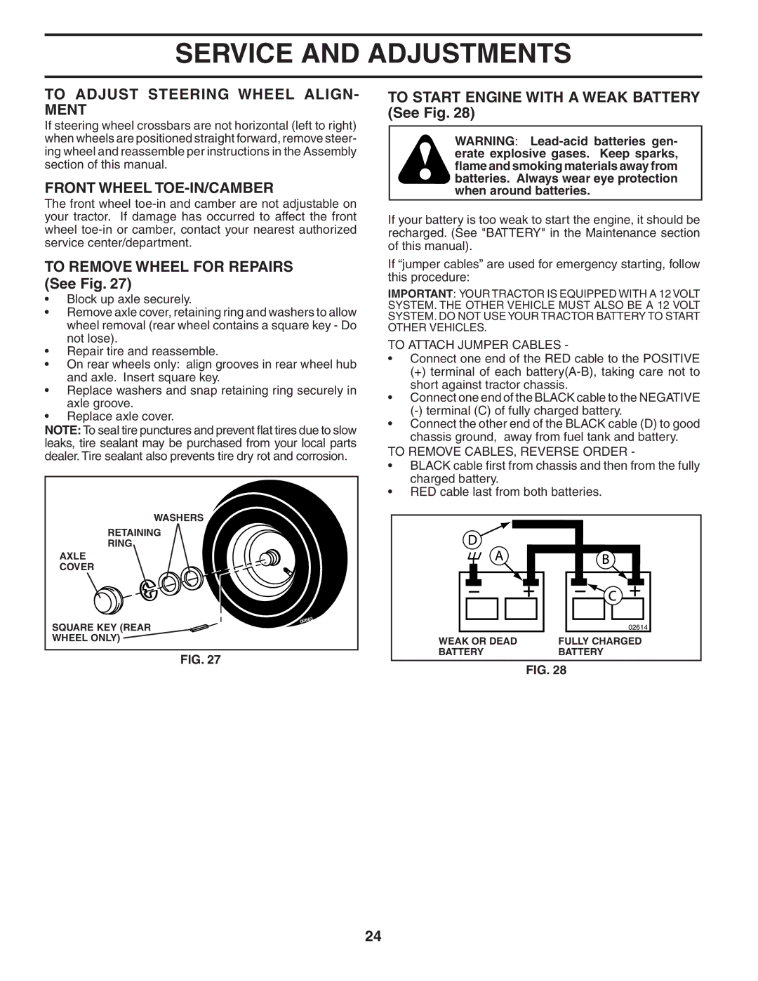 Husqvarna YTH1848XP To Adjust Steering Wheel ALIGN- Ment, Front Wheel TOE-IN/CAMBER, To Remove Wheel for Repairs See Fig 