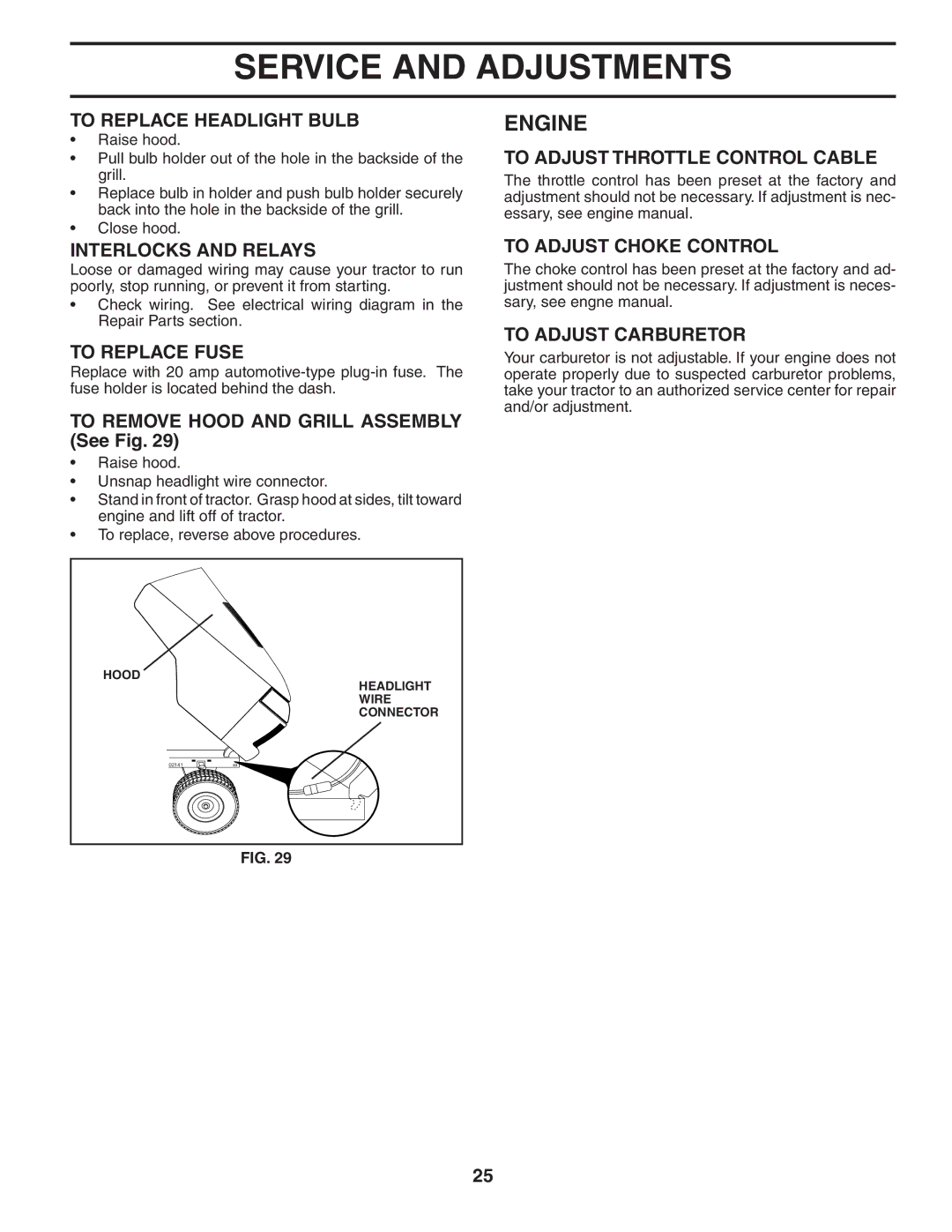 Husqvarna YTH1848XP To Replace Headlight Bulb, Interlocks and Relays, To Replace Fuse, To Adjust Throttle Control Cable 