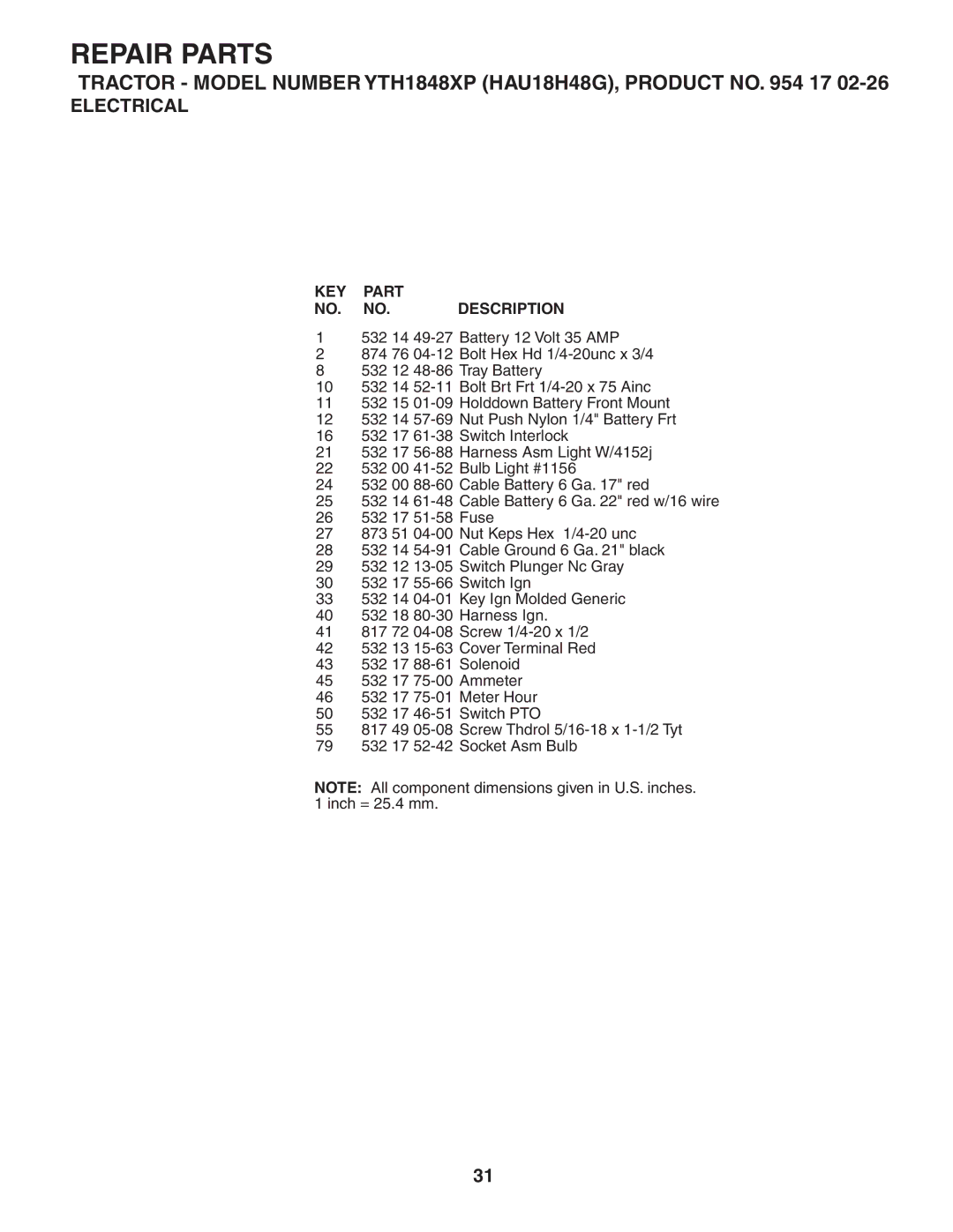 Husqvarna YTH1848XP owner manual KEY Part NO. NO. Description 