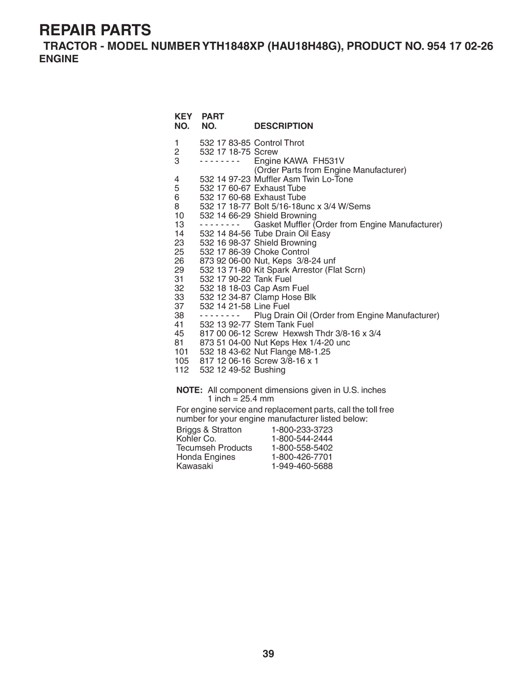 Husqvarna YTH1848XP owner manual Repair Parts 