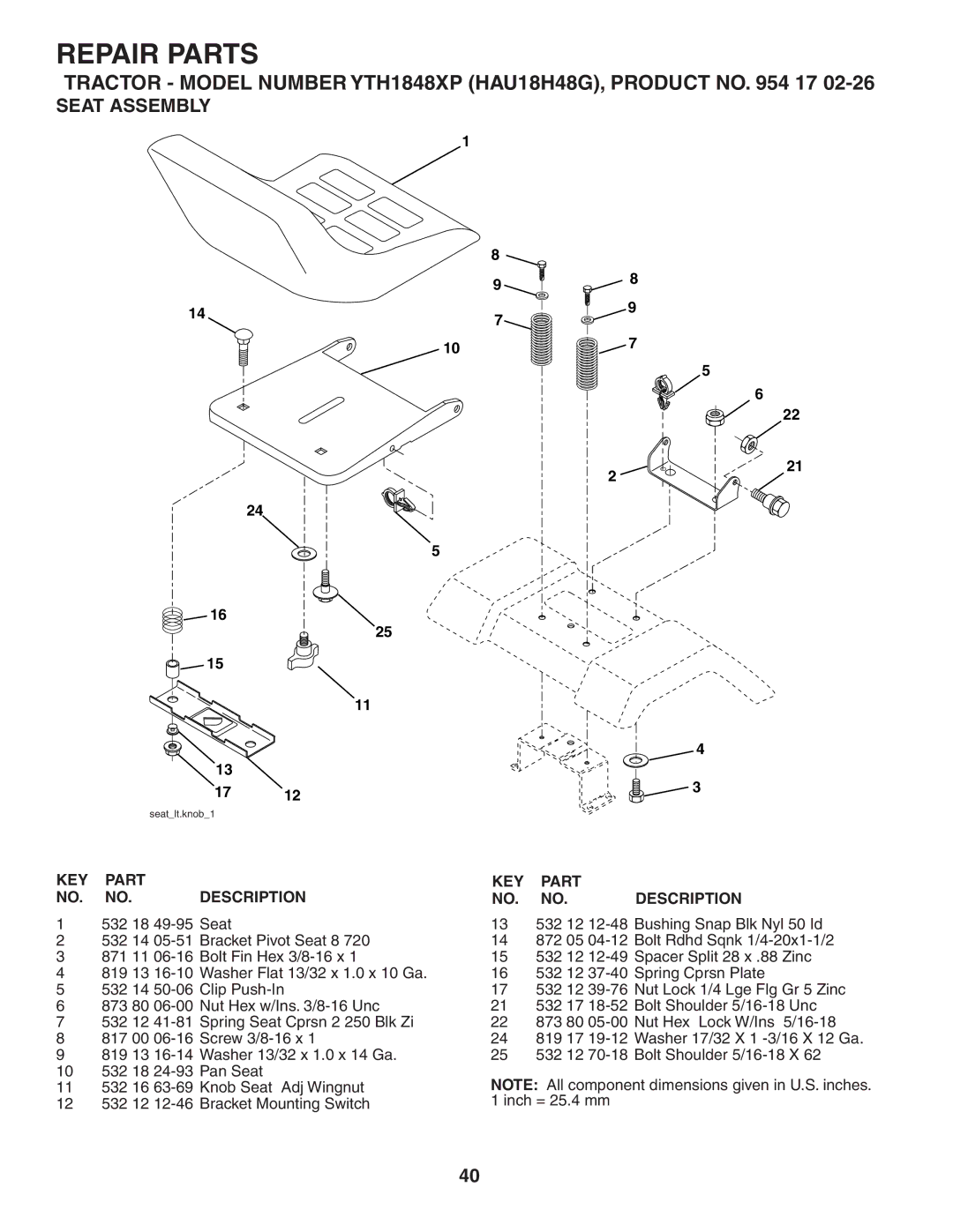 Husqvarna YTH1848XP owner manual Seat Assembly 