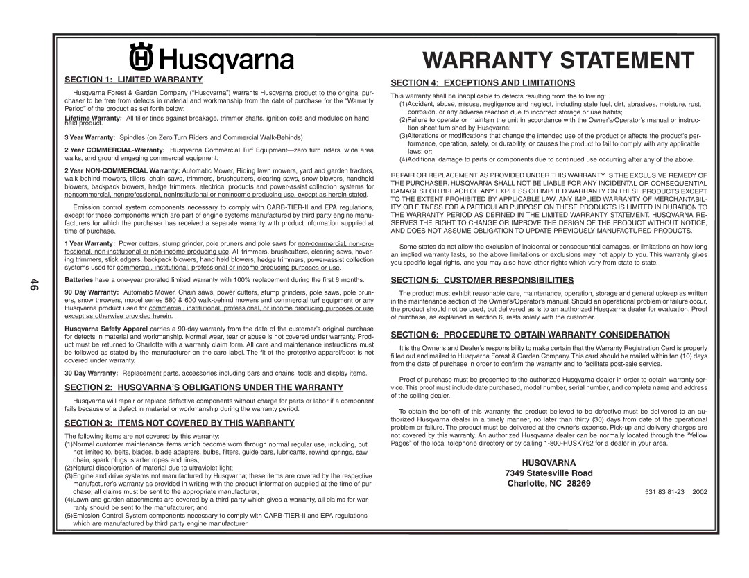 Husqvarna YTH1848XP owner manual Warranty Statement 