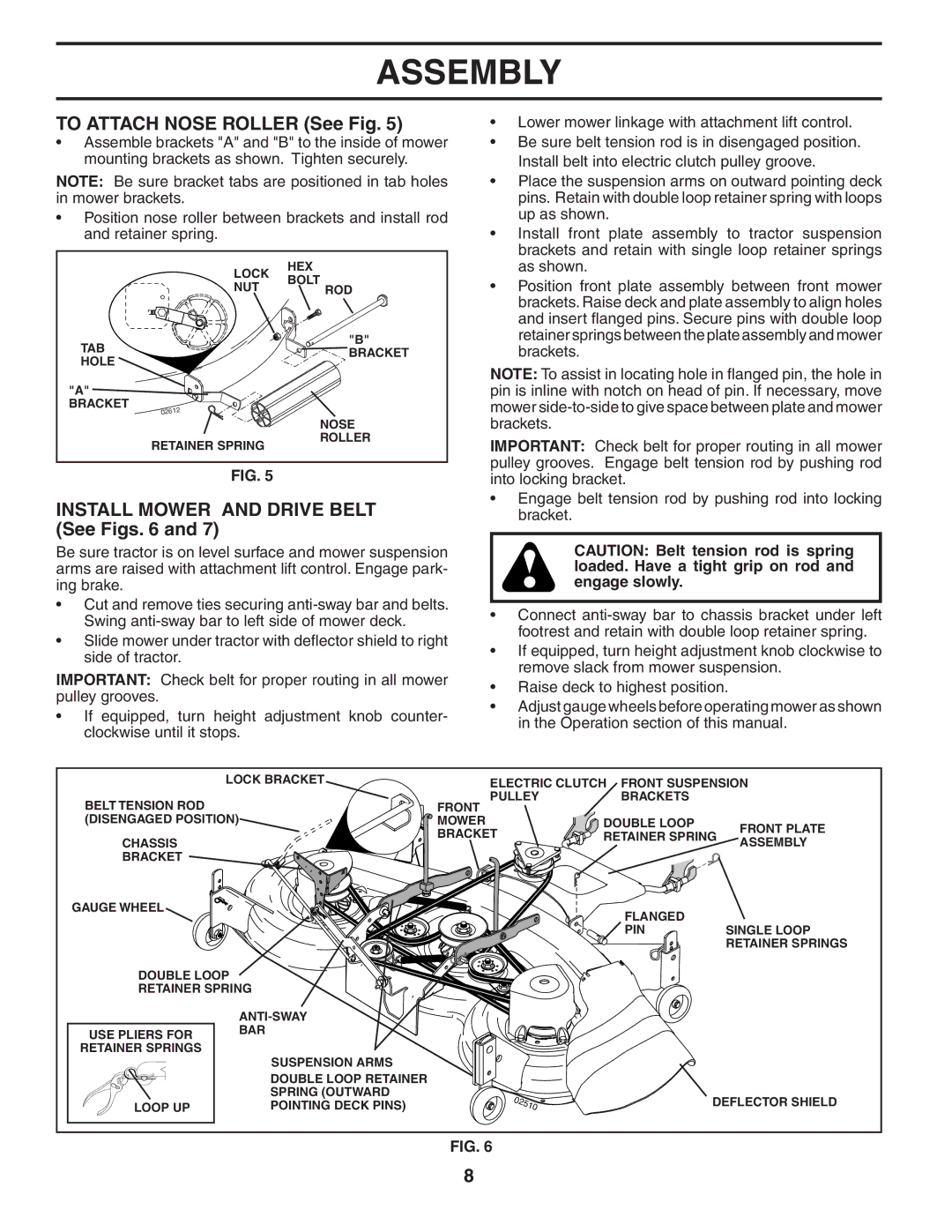 Husqvarna YTH1848XP owner manual To Attach Nose Roller See Fig, Install Mower and Drive Belt See Figs 