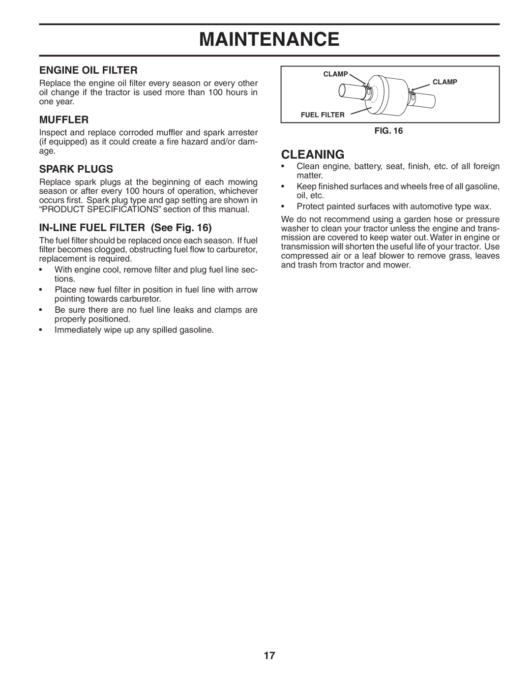 Husqvarna YTH1848XPT owner manual Cleaning, Engine OIL Filter, Muffler, Spark Plugs, IN-LINE Fuel Filter See Fig 