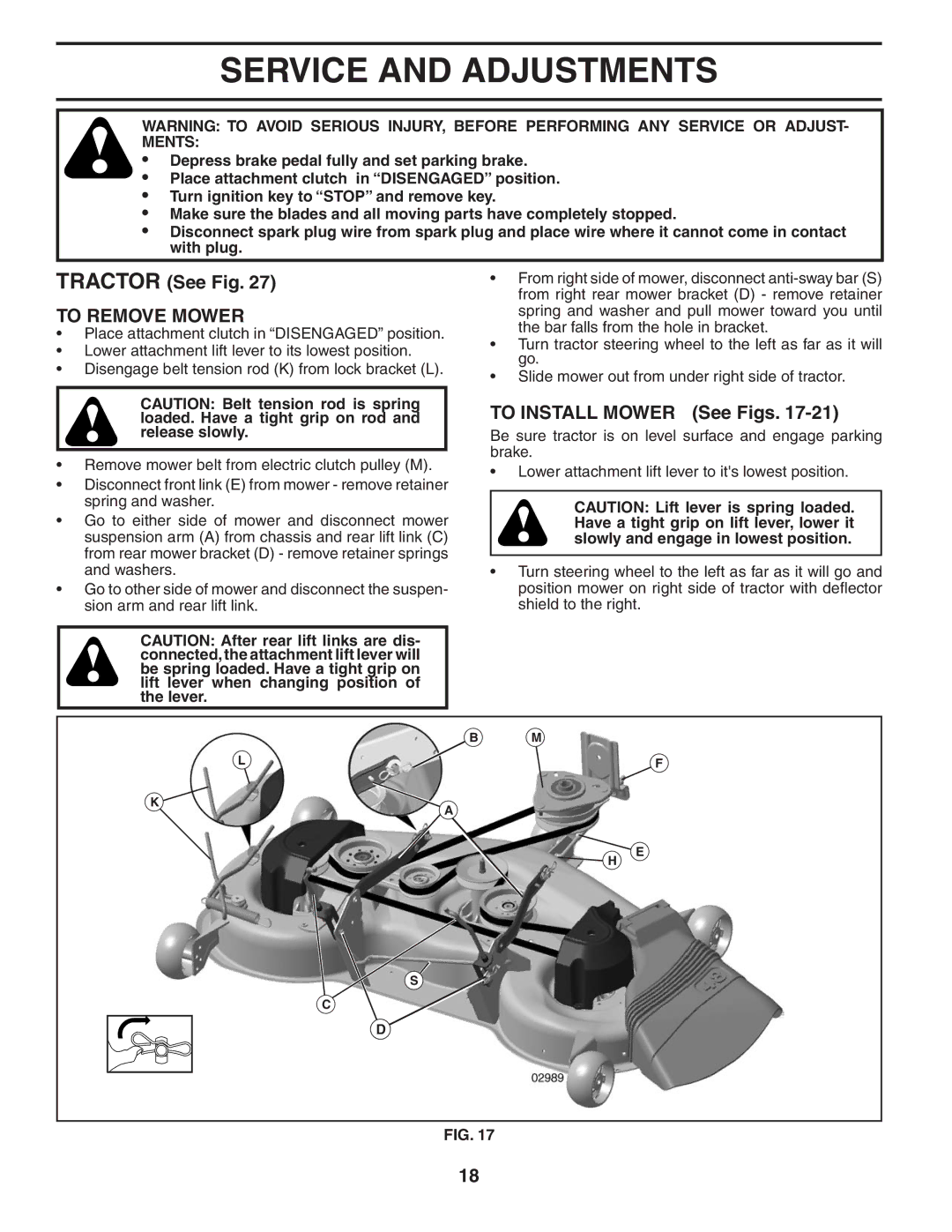 Husqvarna YTH1848XPT owner manual Service and Adjustments, Tractor See Fig, To Remove Mower, To Install Mower See Figs 