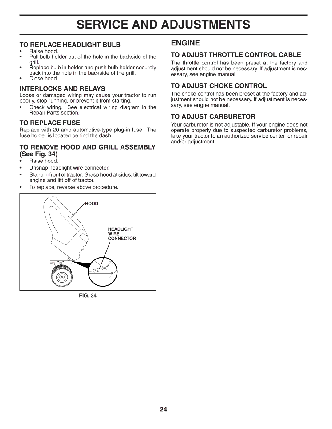 Husqvarna YTH1848XPT To Replace Headlight Bulb, Interlocks and Relays, To Replace Fuse, To Adjust Throttle Control Cable 