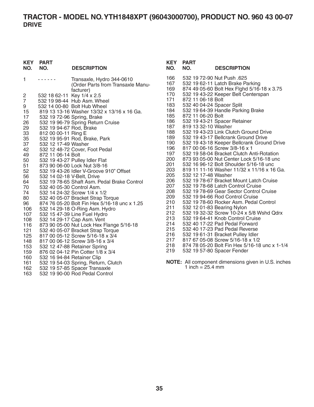 Husqvarna owner manual Tractor Model NO. YTH1848XPT 96043000700, Product no 43 