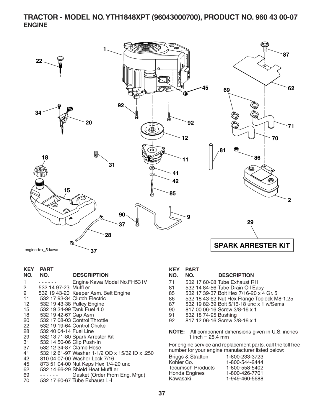 Husqvarna YTH1848XPT owner manual Spark Arrester KIT, Engine 