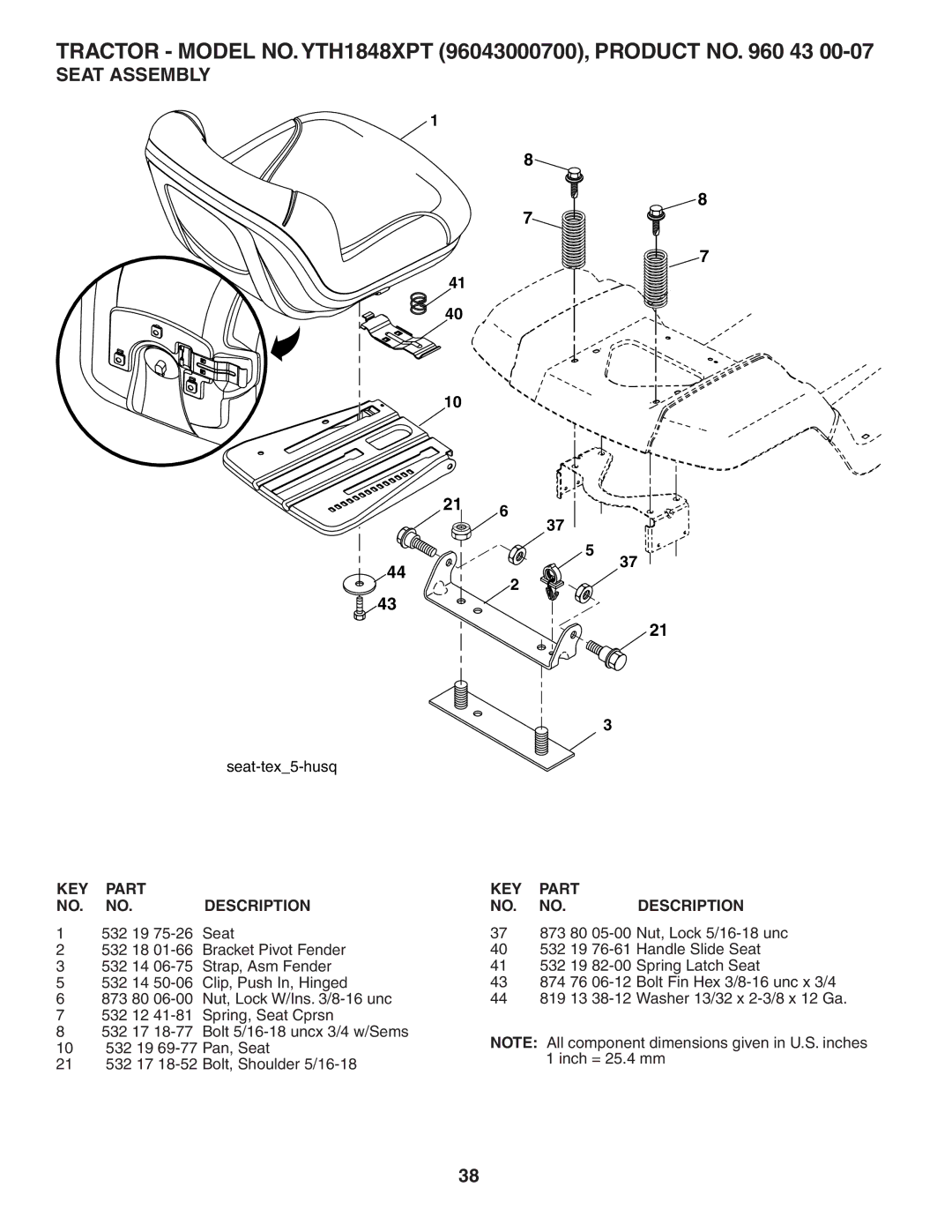 Husqvarna YTH1848XPT owner manual Seat Assembly 