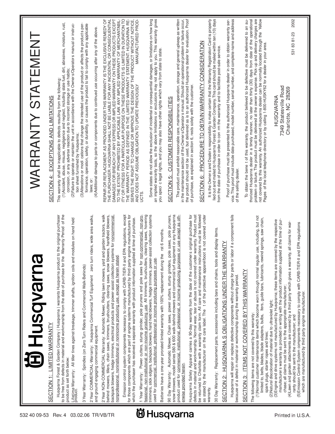 Husqvarna YTH1848XPT owner manual Warranty Statement 