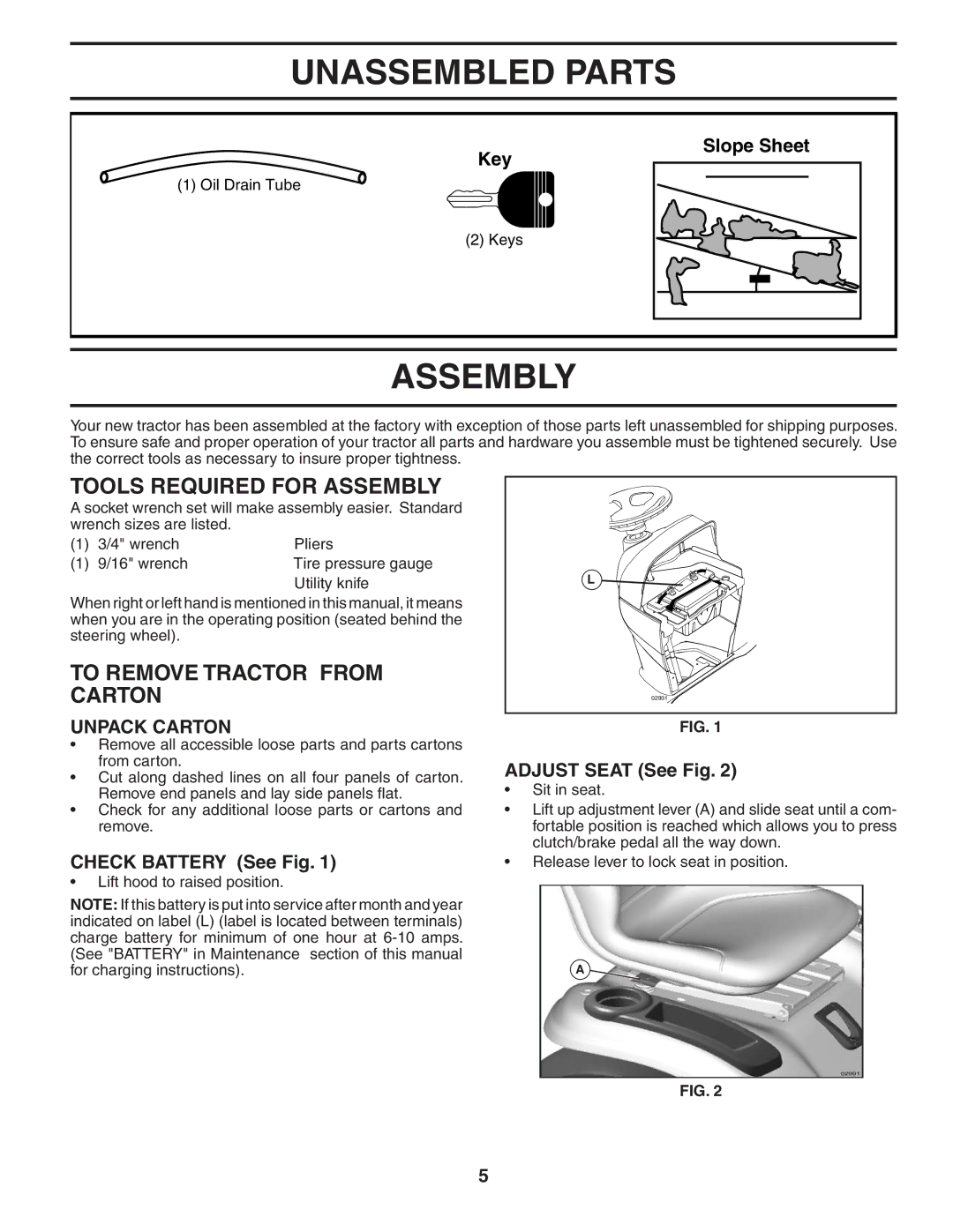 Husqvarna YTH1848XPT Unassembled Parts, Tools Required for Assembly, To Remove Tractor from Carton, Unpack Carton 