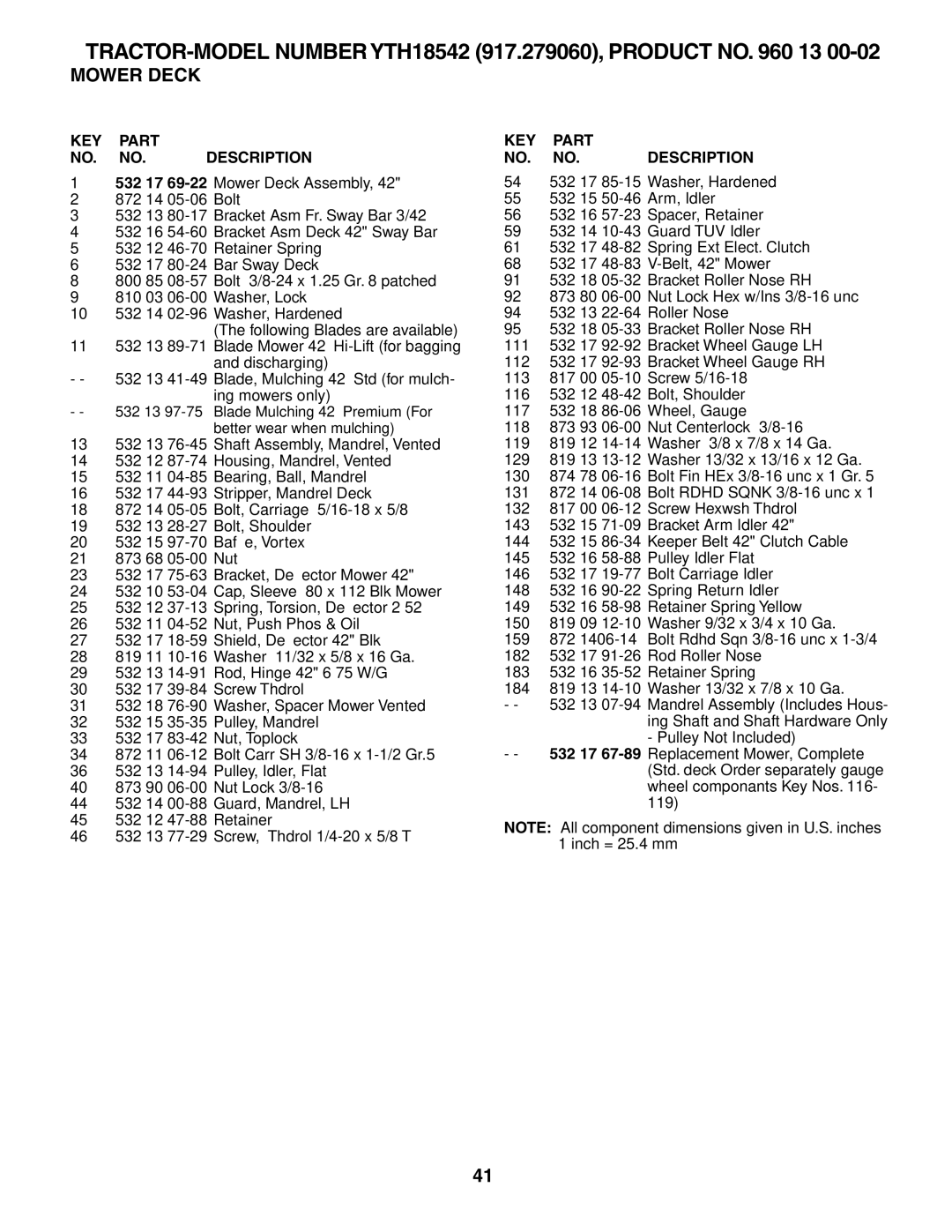 Husqvarna manual TRACTOR-MODEL Number YTH18542 917.279060, Product no 13 