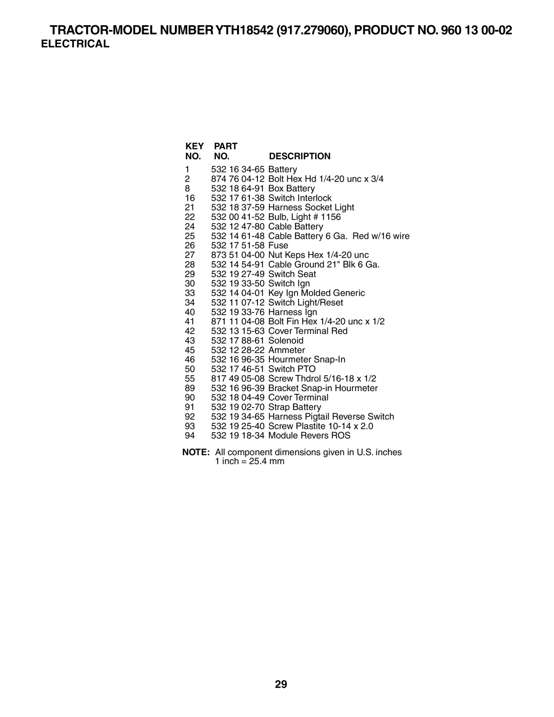 Husqvarna YTH18542 owner manual KEY Part NO. NO. Description 