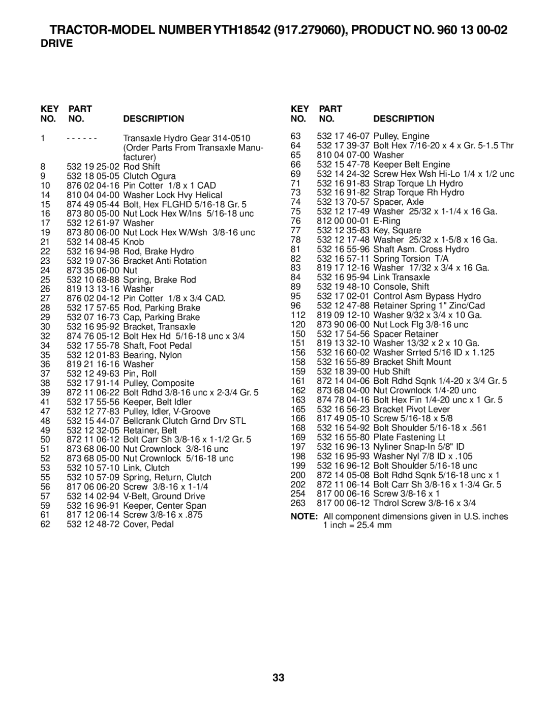 Husqvarna owner manual TRACTOR-MODEL Number YTH18542 917.279060, Product no 13 