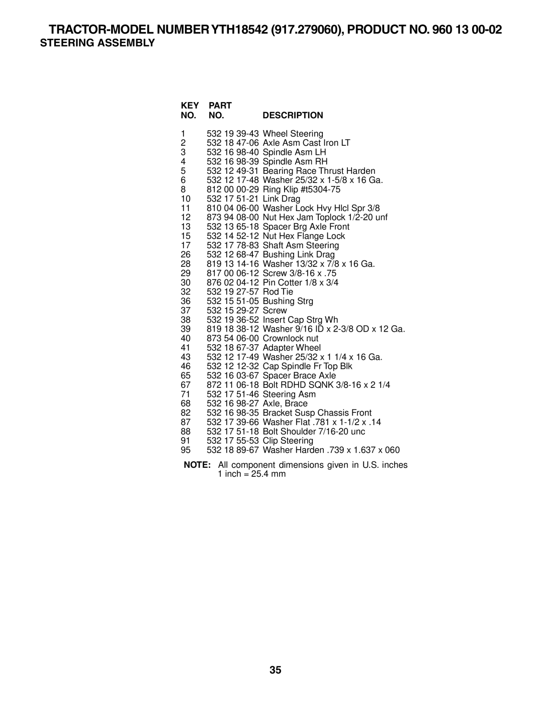 Husqvarna owner manual TRACTOR-MODEL Number YTH18542 917.279060, Product no 13 