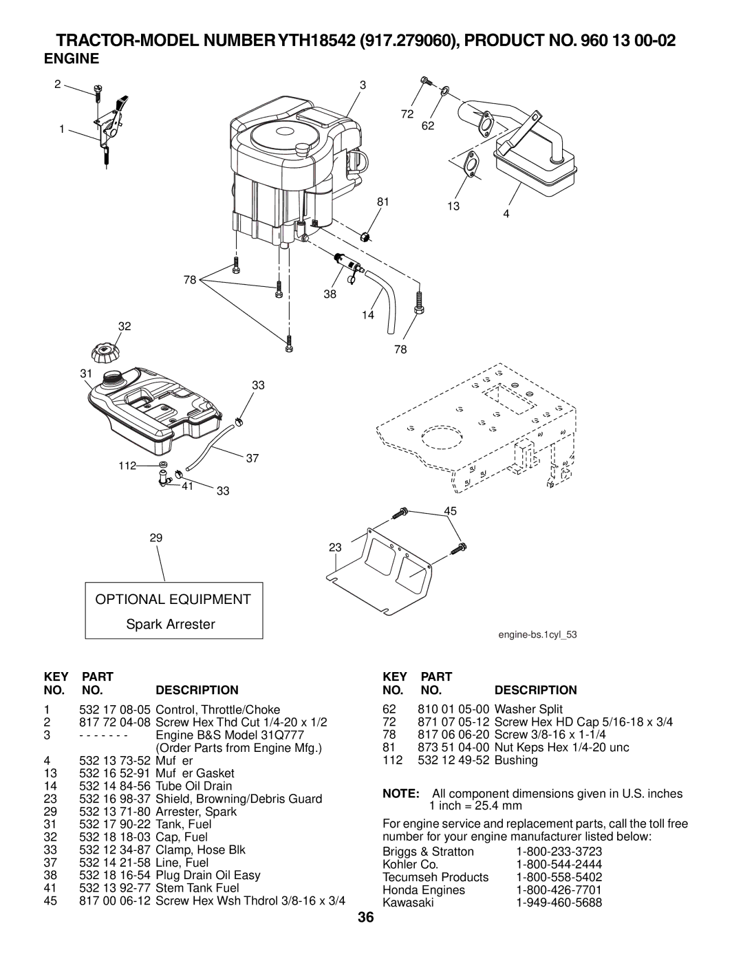 Husqvarna YTH18542 owner manual Engine, Optional Equipment 