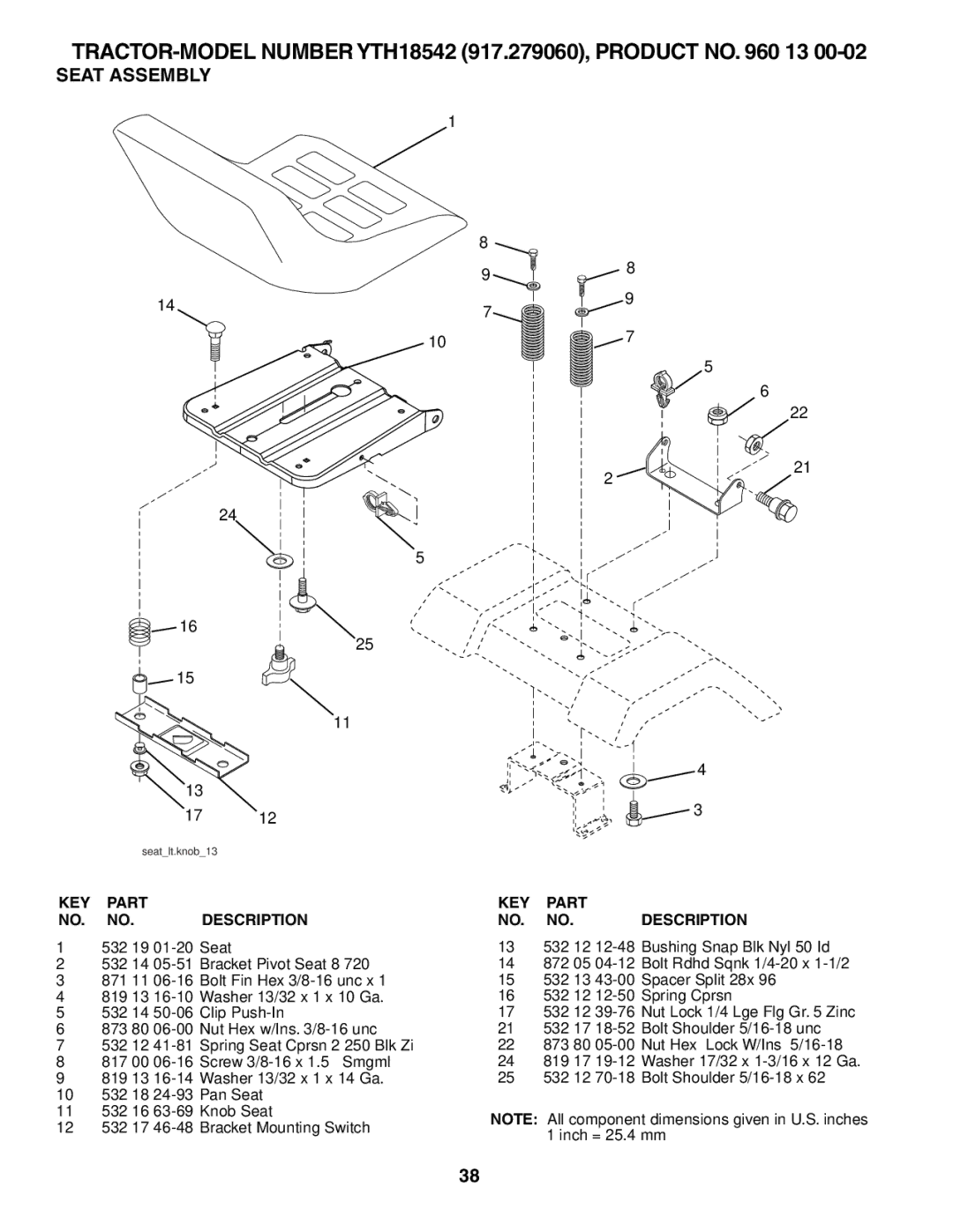 Husqvarna YTH18542 owner manual Seat Assembly 