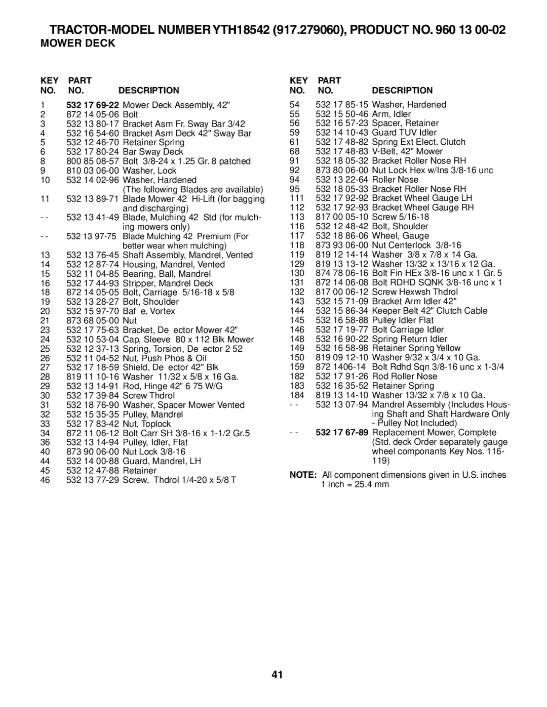 Husqvarna owner manual TRACTOR-MODEL Number YTH18542 917.279060, Product no 13 