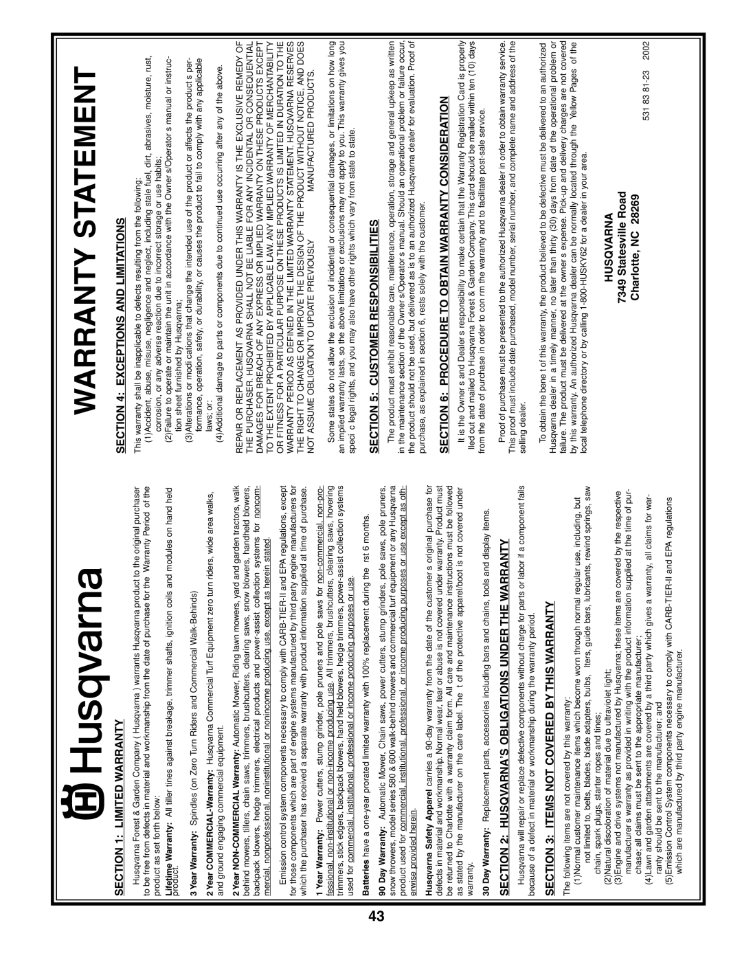 Husqvarna YTH18542 owner manual Warranty Statement 