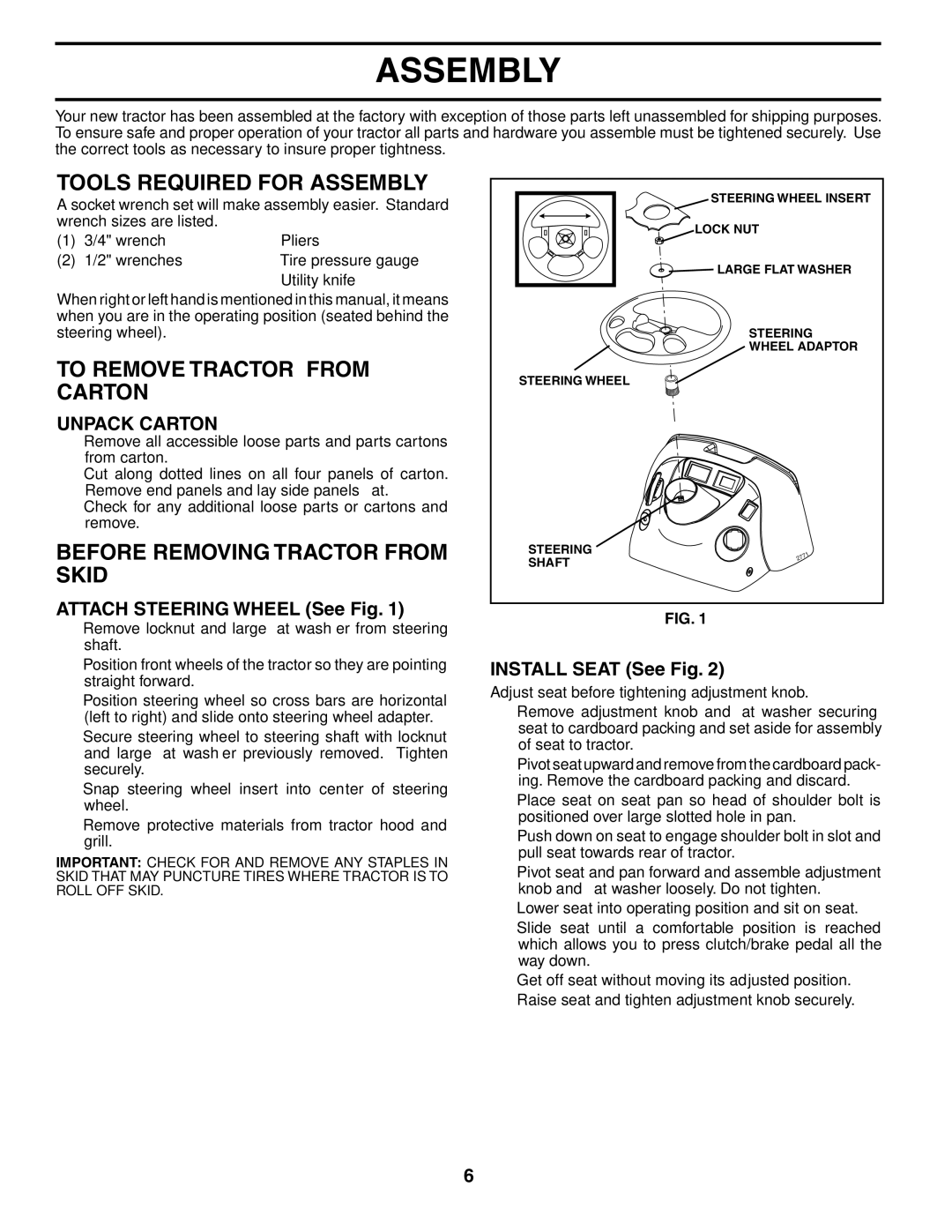 Husqvarna YTH18542 Tools Required for Assembly, To Remove Tractor from Carton, Before Removing Tractor from Skid 