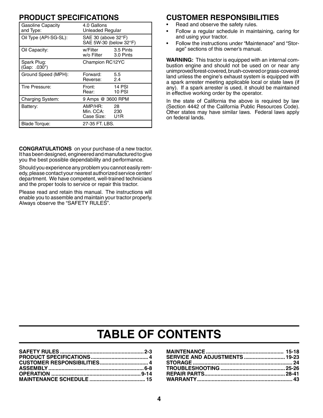 Husqvarna YTH18542 Table Of Contents, Product Specifications, Customer Responsibilities, 9-14, 15-18, 19-23, 25-26, 28-41 