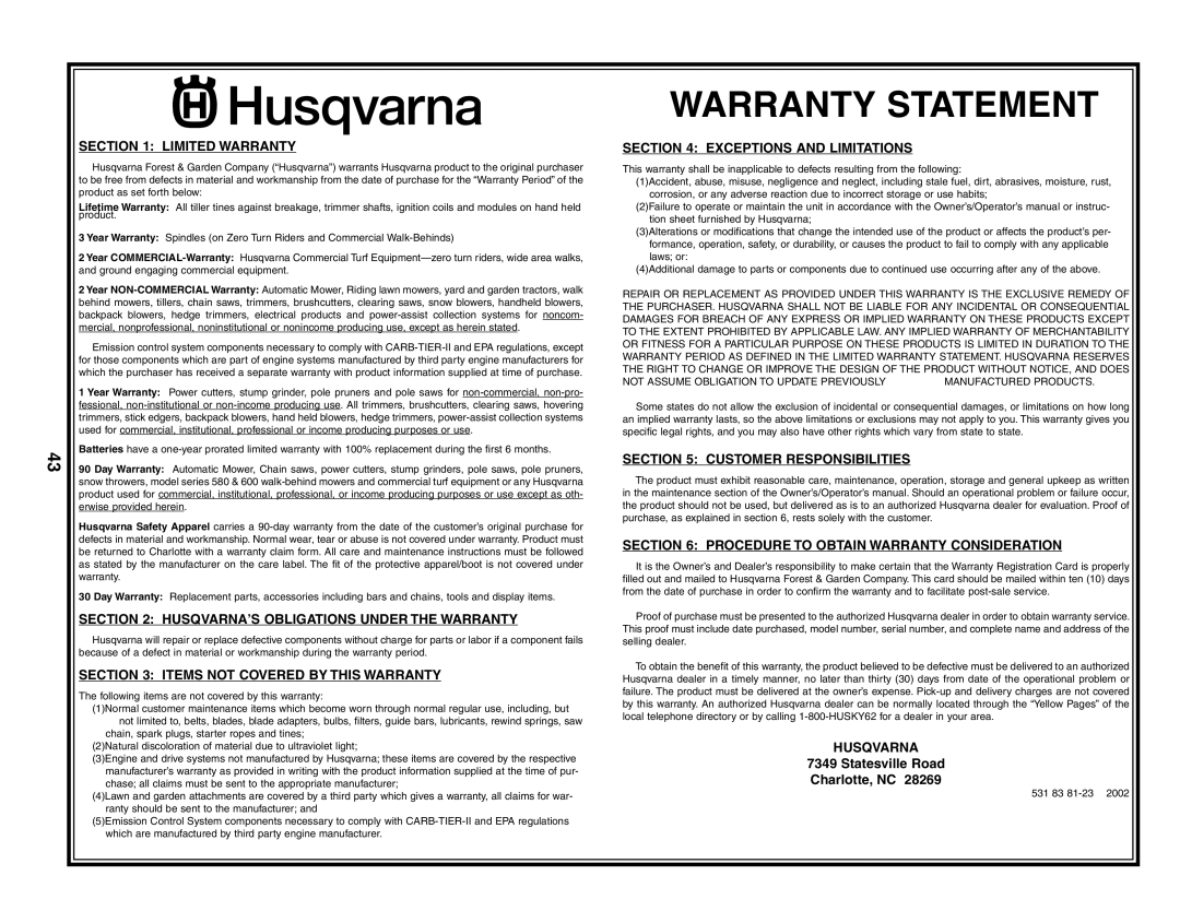 Husqvarna YTH18542 owner manual Warranty Statement, Limited Warranty, Husqvarna’S Obligations Under The Warranty 