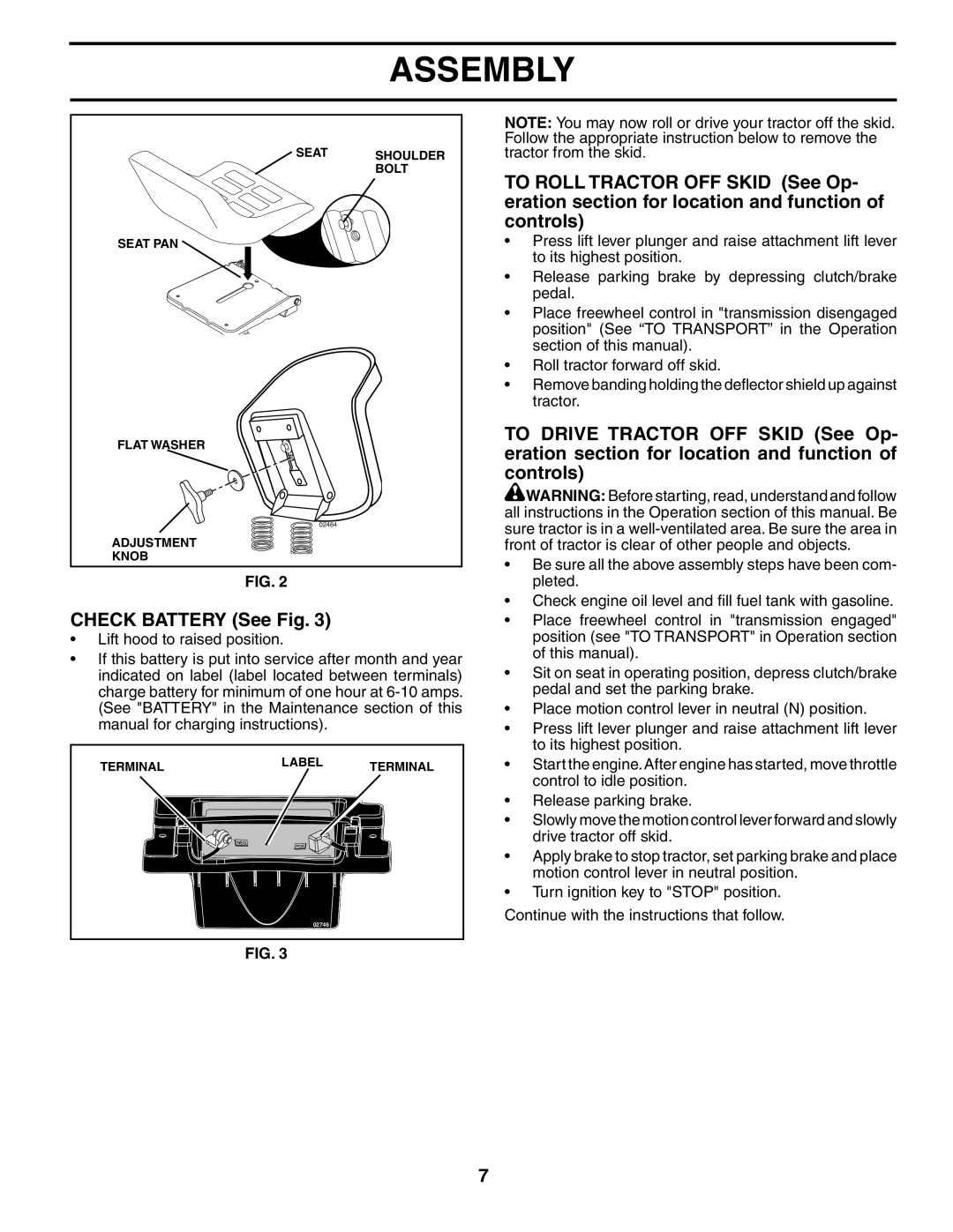 Husqvarna YTH18542 owner manual CHECK BATTERY See Fig, Assembly 