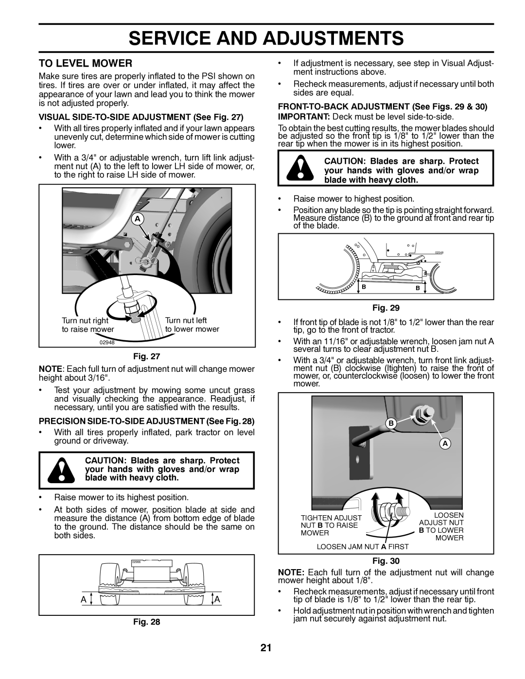 Husqvarna YTH18K46 owner manual To Level Mower, Visual SIDE-TO-SIDE Adjustment See Fig 