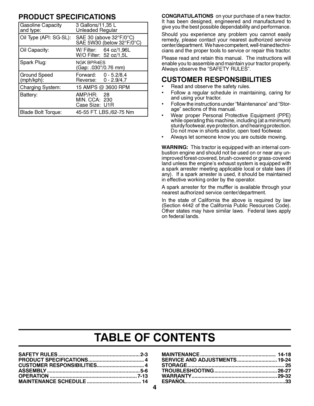 Husqvarna YTH18K46 owner manual Table of Contents 