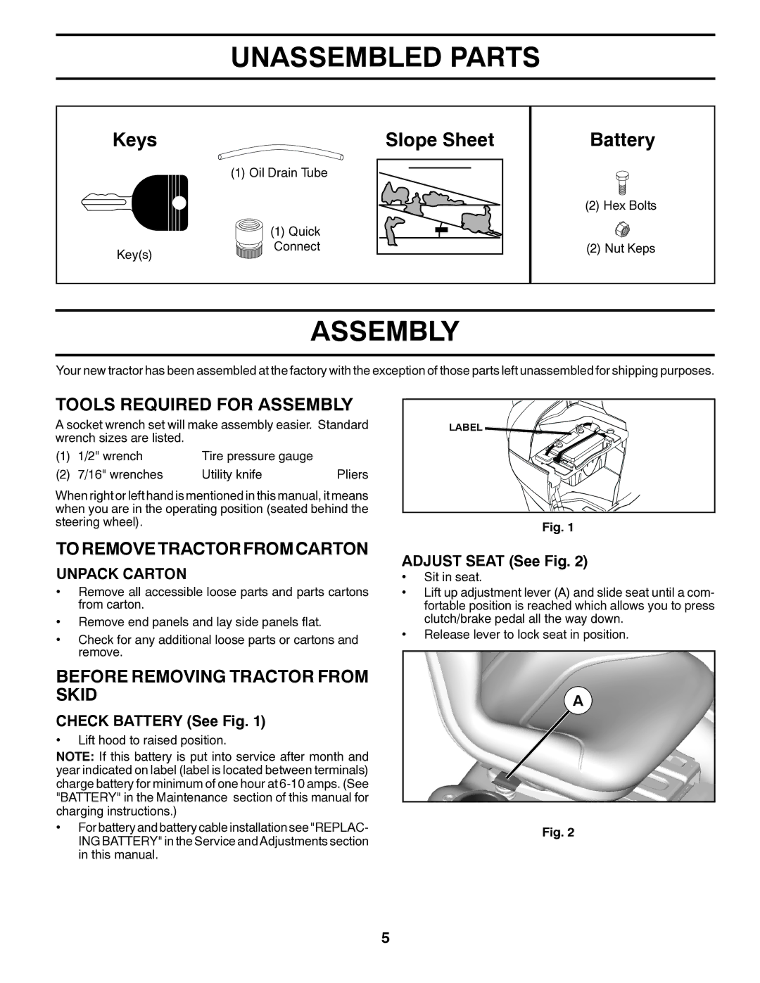 Husqvarna YTH18K46 owner manual Unassembled Parts, Tools Required for Assembly, Toremovetractorfromcarton 