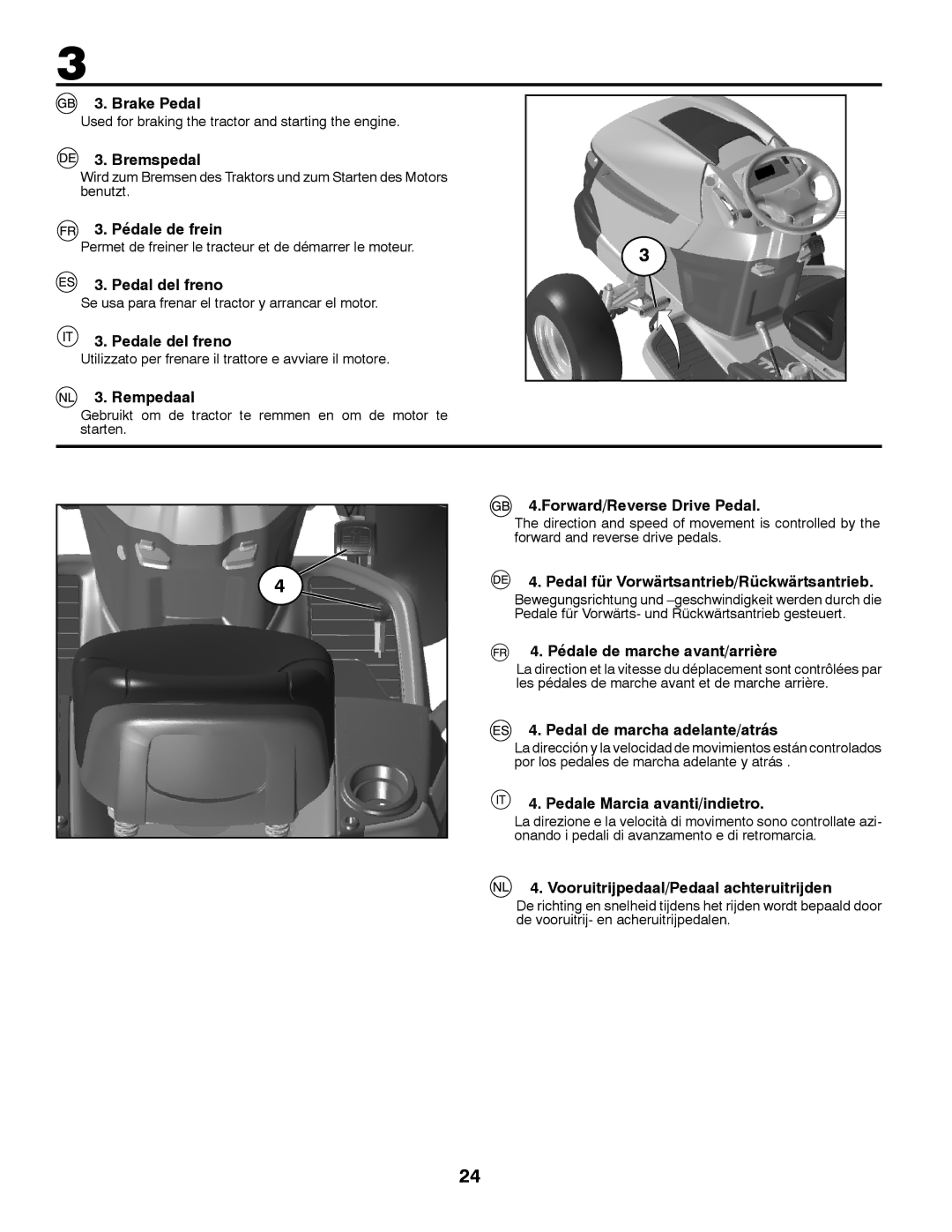 Husqvarna YTH200 instruction manual Brake Pedal, Bremspedal, Pédale de frein, Pedal del freno, Pedale del freno, Rempedaal 