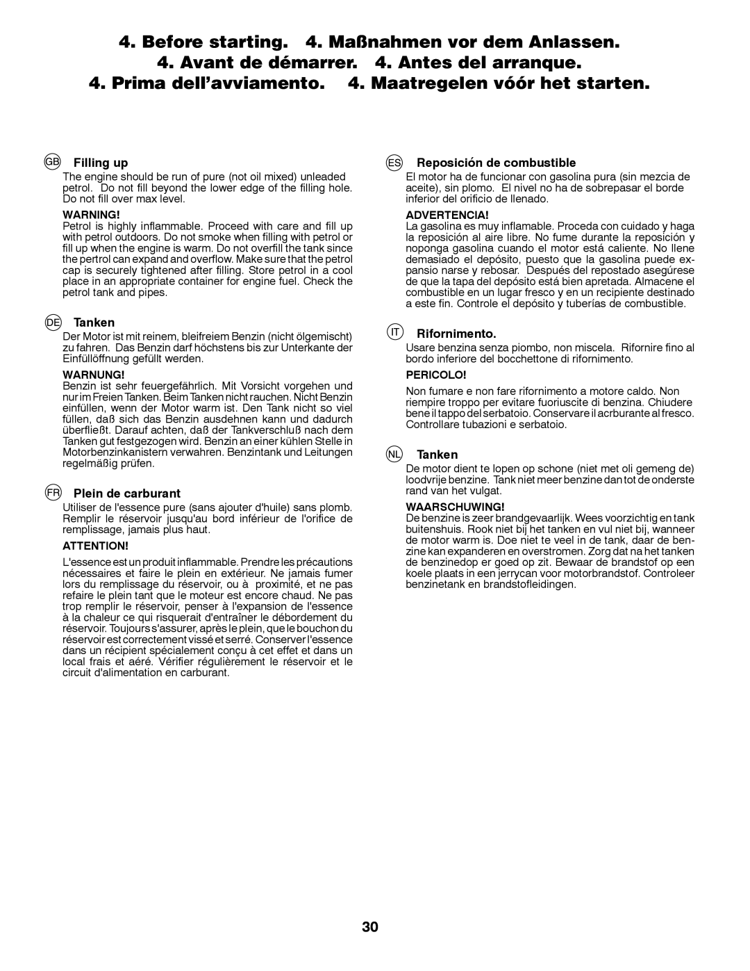 Husqvarna YTH200 instruction manual Filling up, Reposición de combustible, Tanken, Plein de carburant, Rifornimento 