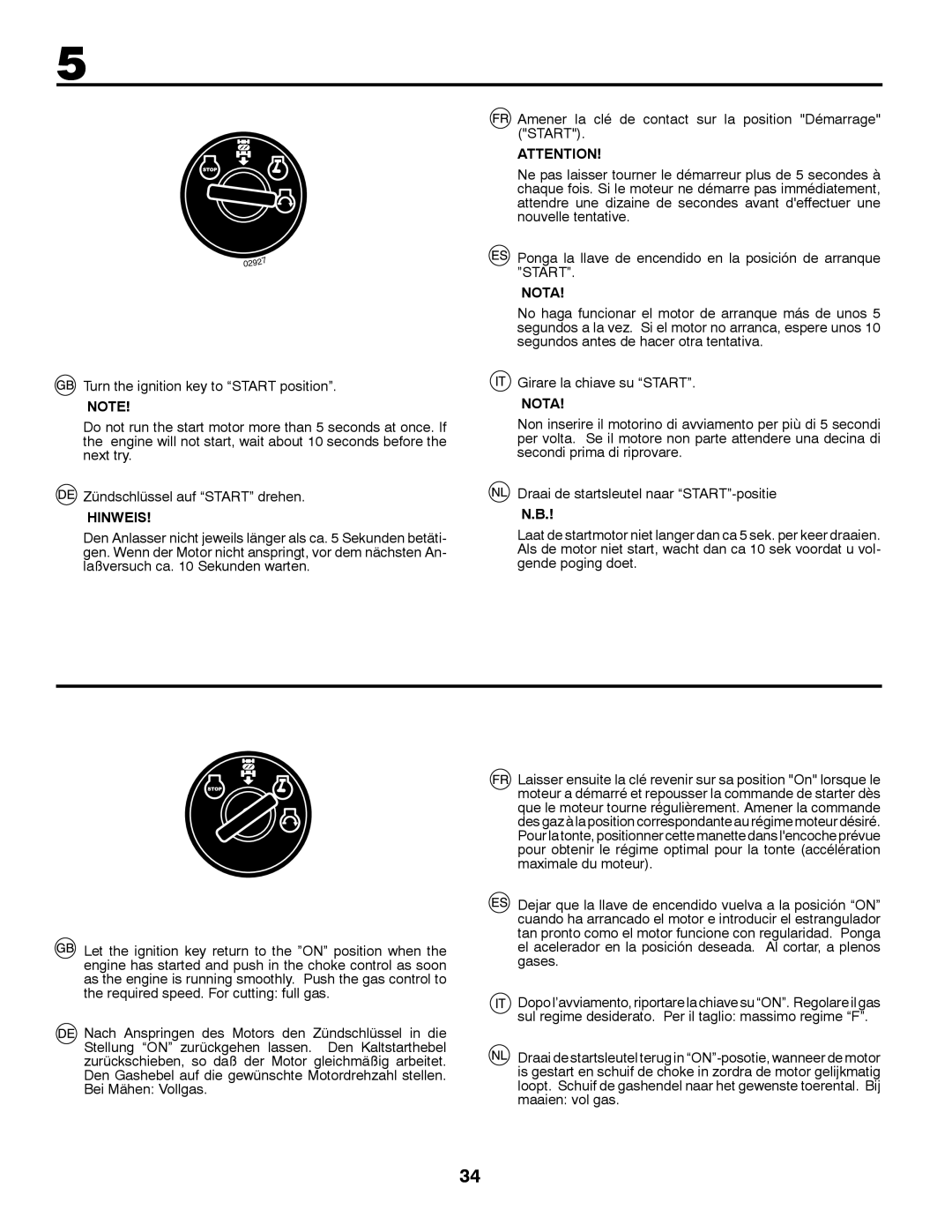 Husqvarna YTH200 instruction manual Hinweis, Nota 