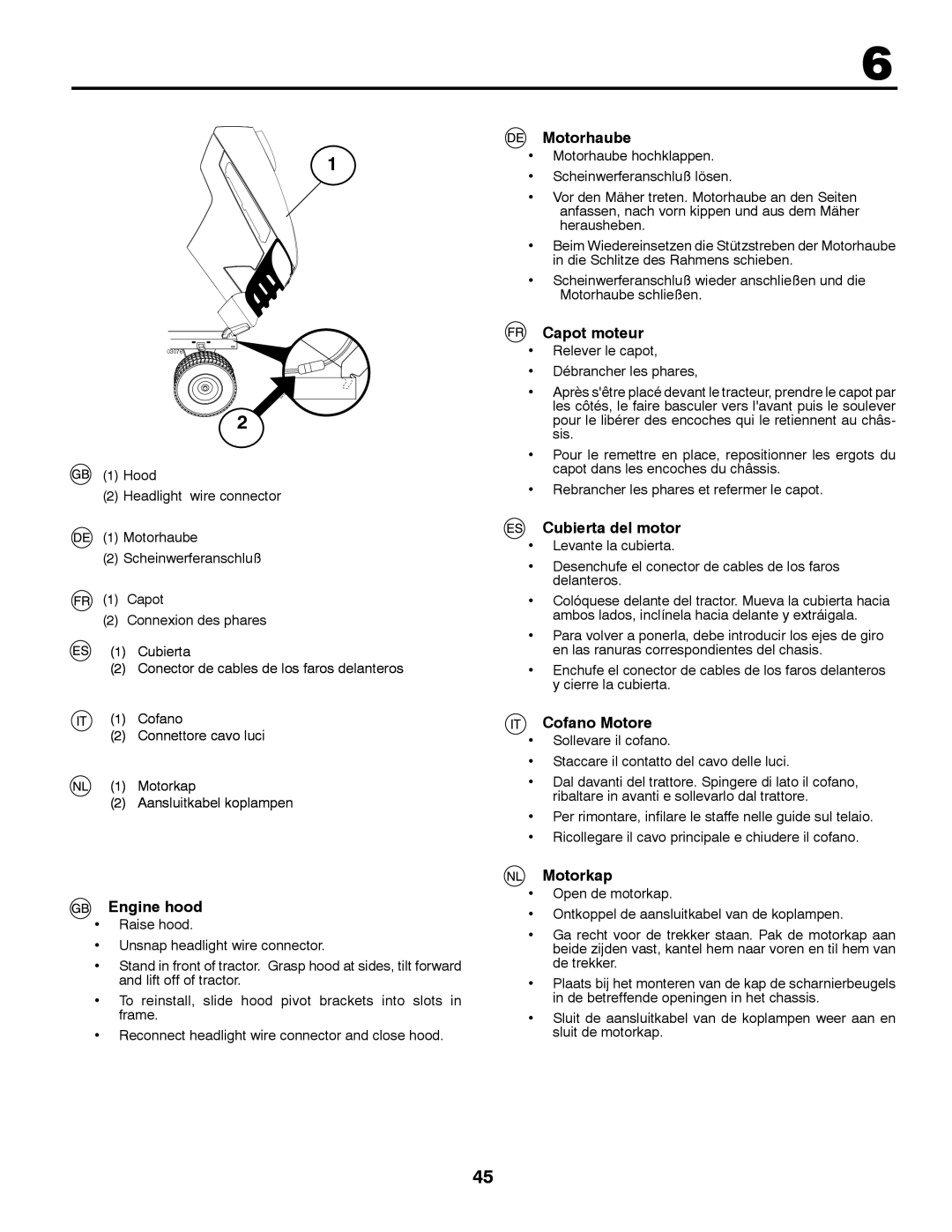 Husqvarna YTH200 instruction manual Engine hood, Motorhaube, Capot moteur, Cubierta del motor, Cofano Motore, Motorkap 