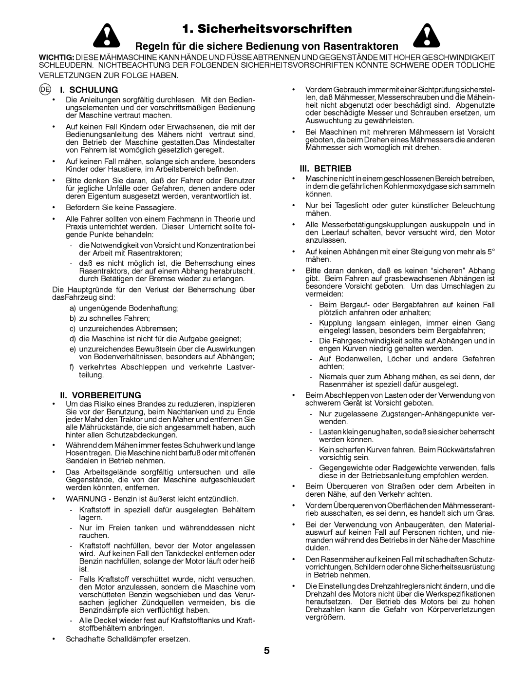 Husqvarna YTH200 instruction manual Sicherheitsvorschriften, Schulung, III. Betrieb, II. Vorbereitung 