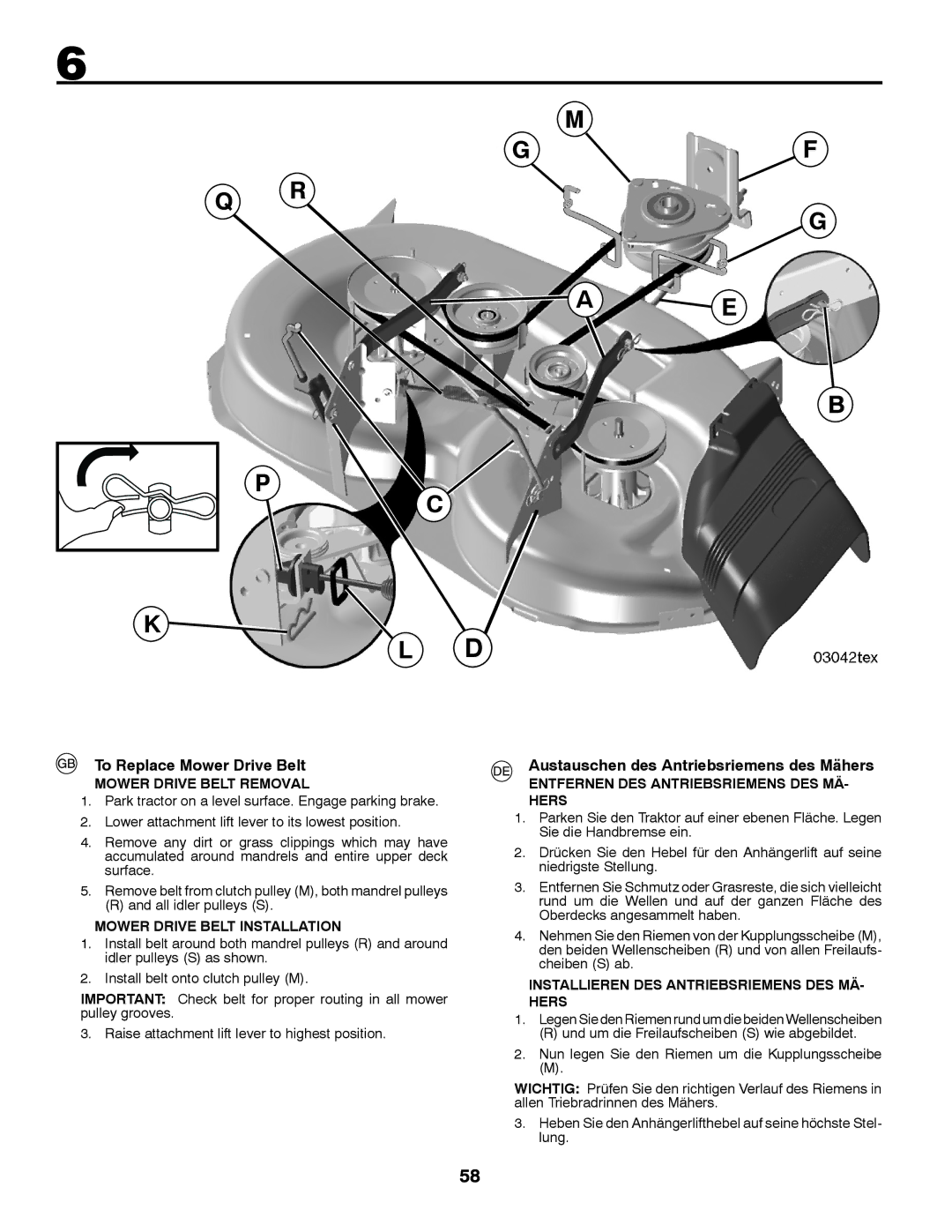 Husqvarna YTH200 instruction manual To Replace Mower Drive Belt, Austauschen des Antriebsriemens des Mähers 