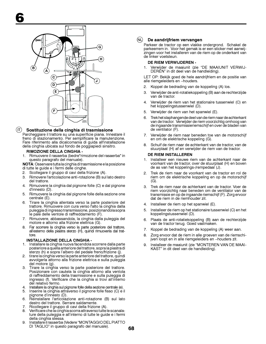 Husqvarna YTH200 instruction manual De aandrijfriem vervangen, Sostituzione della cinghia di trasmissione 