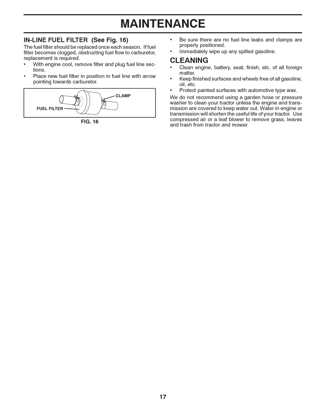 Husqvarna YTH2042 TWIN owner manual Cleaning, IN-LINE Fuel Filter See Fig 