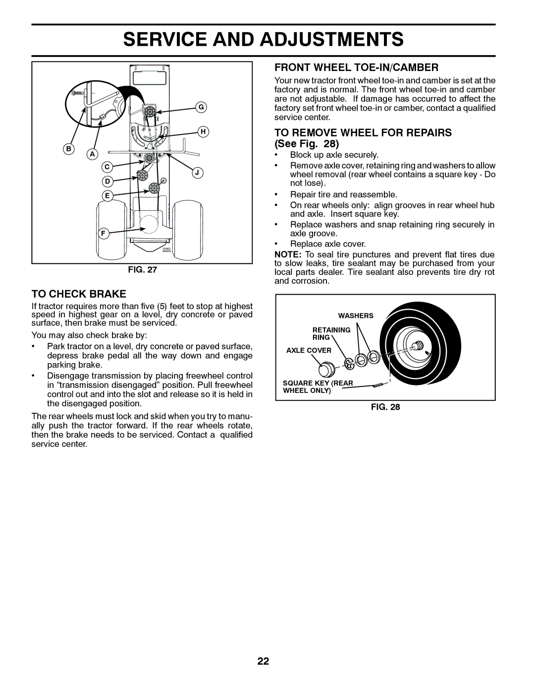 Husqvarna YTH2042 TWIN owner manual Front Wheel TOE-IN/CAMBER, To Remove Wheel for Repairs See Fig, To Check Brake 