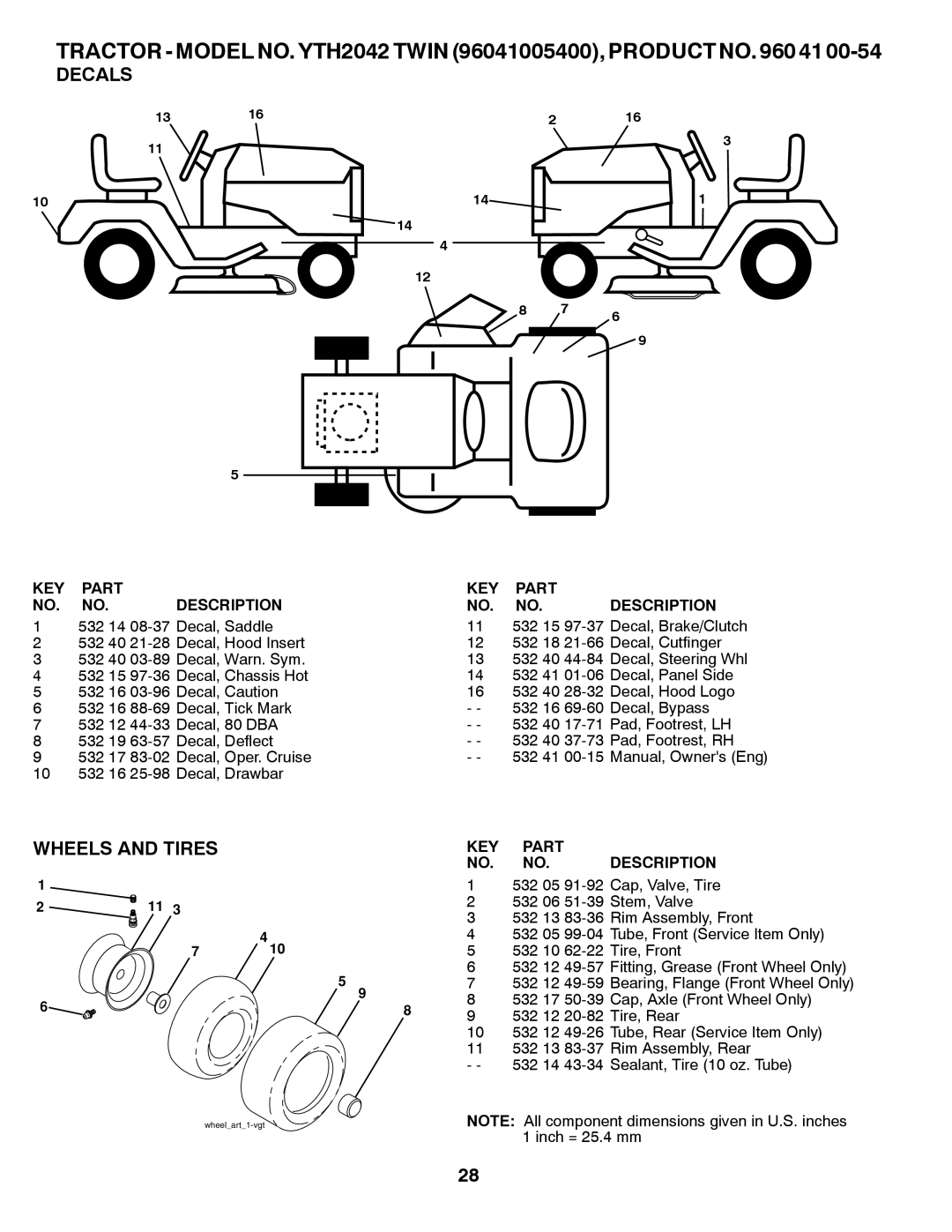 Husqvarna YTH2042 TWIN owner manual Decals, Wheels and Tires, KEY Part Description 