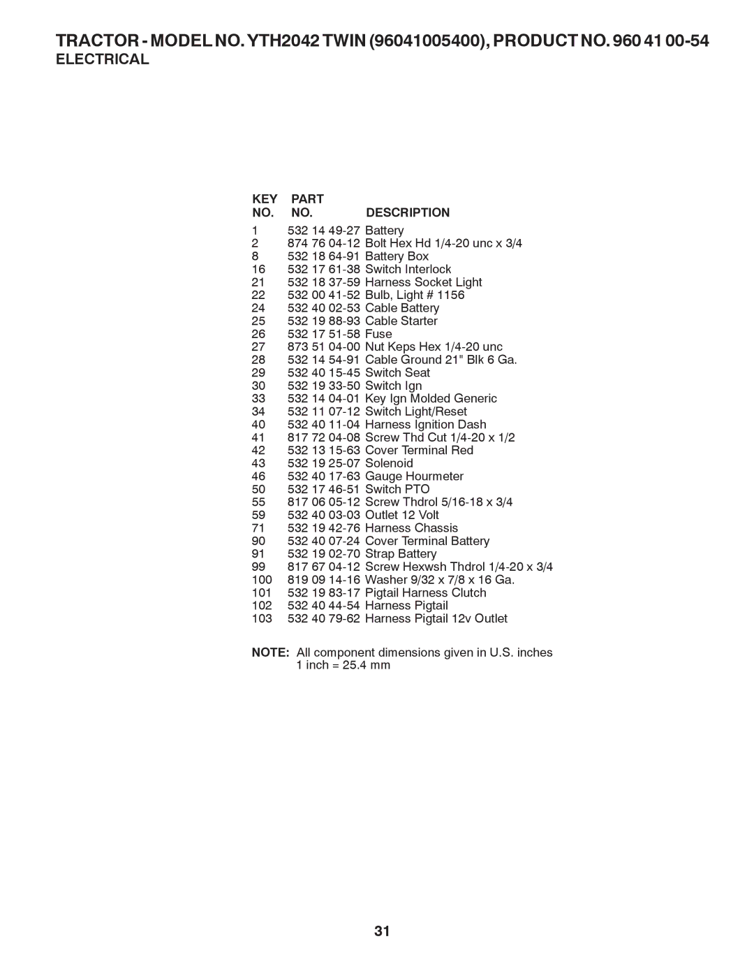 Husqvarna YTH2042 TWIN owner manual KEY Part NO. NO. Description 