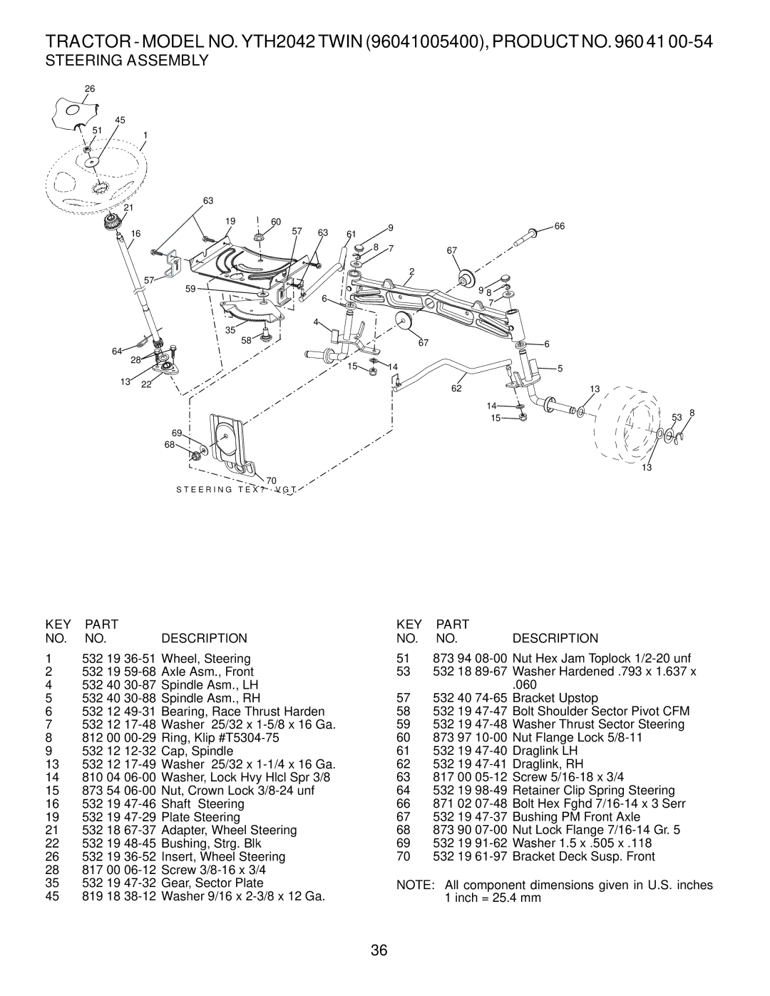 Husqvarna YTH2042 TWIN owner manual Steering Assembly, KEY Part Description 