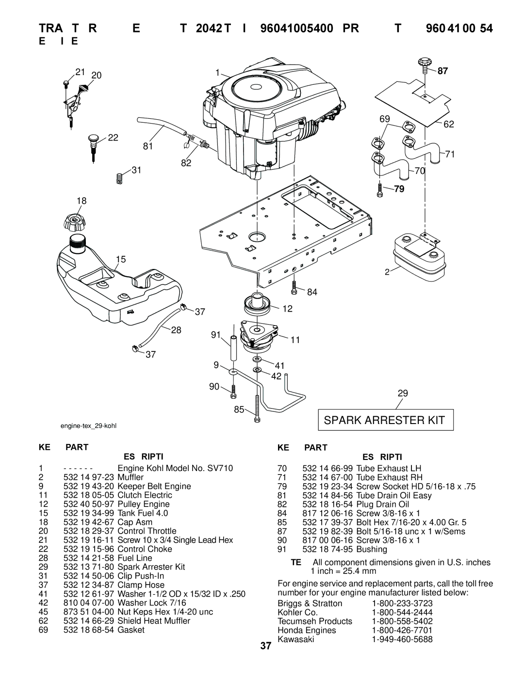 Husqvarna YTH2042 TWIN owner manual Spark Arrester KIT, Engine 