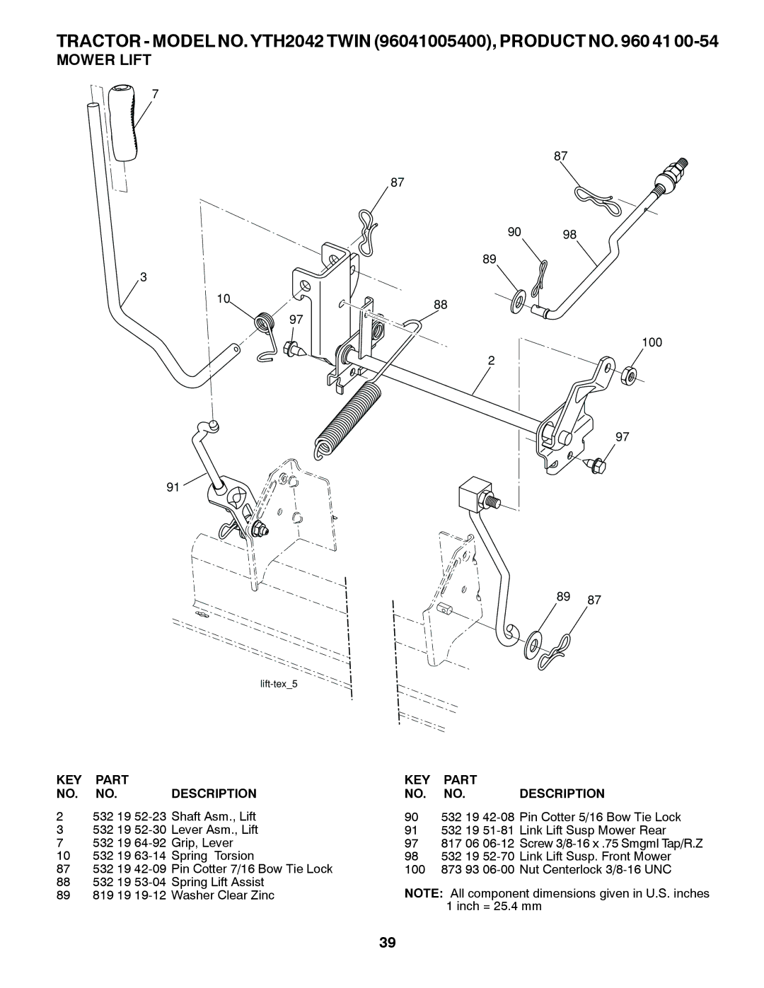 Husqvarna YTH2042 TWIN owner manual Mower Lift 