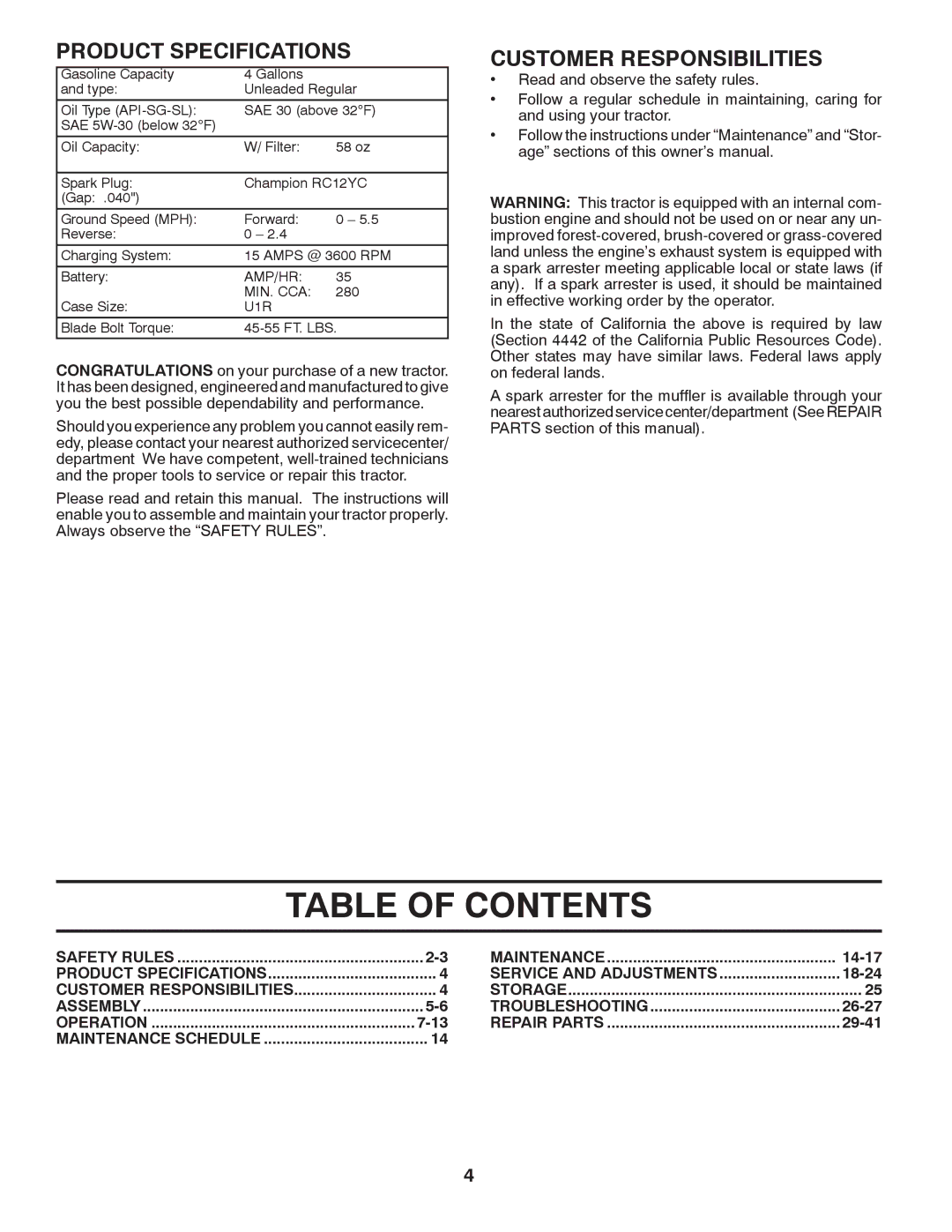 Husqvarna YTH2042 TWIN owner manual Table of Contents 