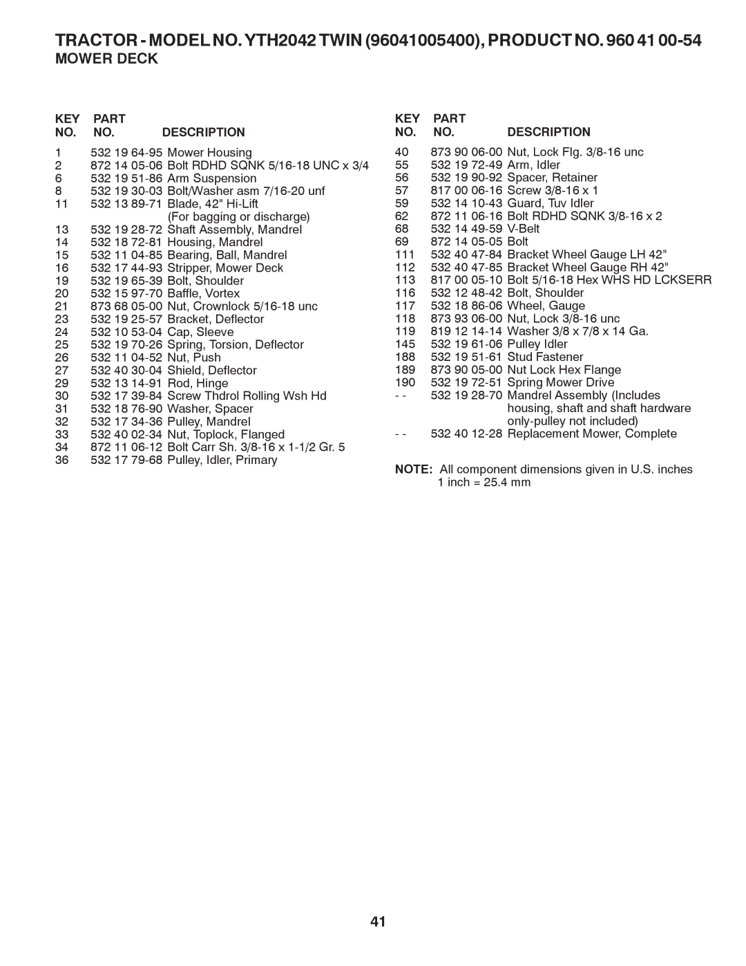 Husqvarna YTH2042 TWIN owner manual Tractor Model NO. YTH2042 Twin 96041005400, Product no 41 