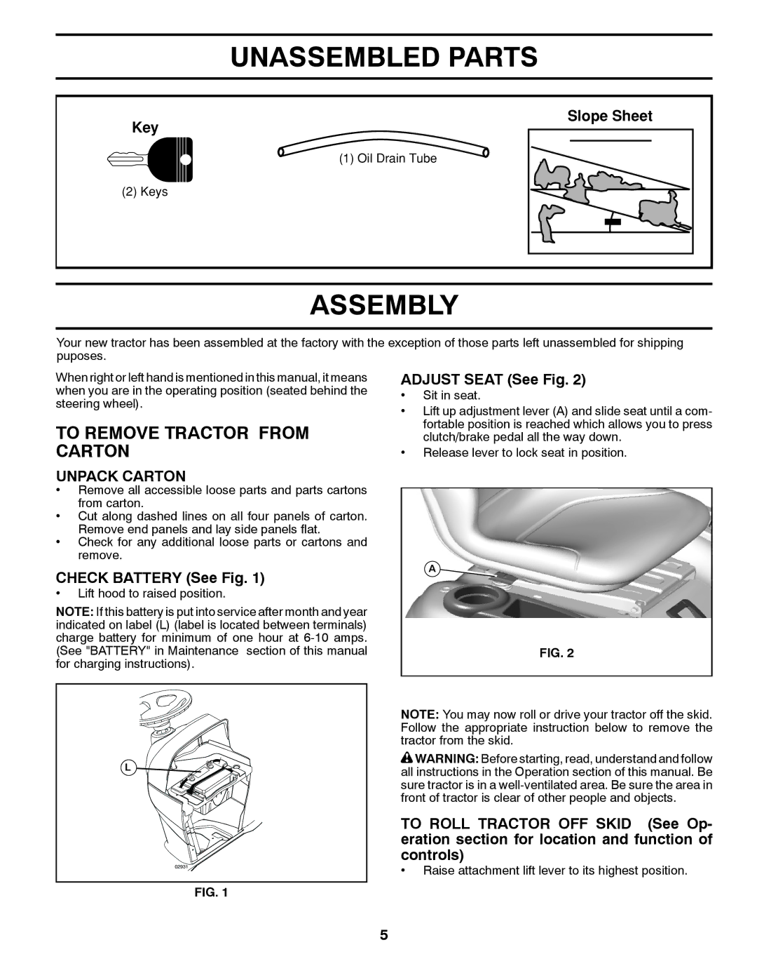 Husqvarna YTH2042 TWIN owner manual Unassembled Parts, Assembly, To Remove Tractor from Carton, Unpack Carton 