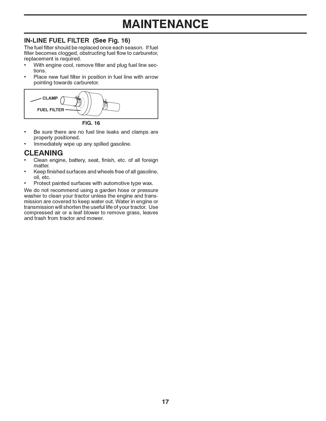 Husqvarna YTH2042 owner manual Cleaning, IN-LINE Fuel Filter See Fig 