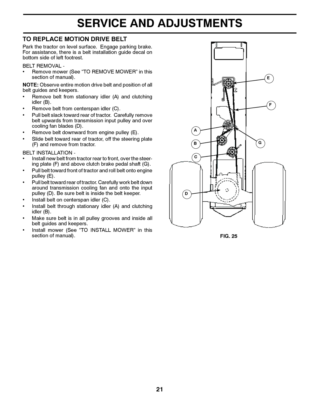 Husqvarna YTH2042 owner manual To Replace Motion Drive Belt, Belt Removal, Belt Installation 