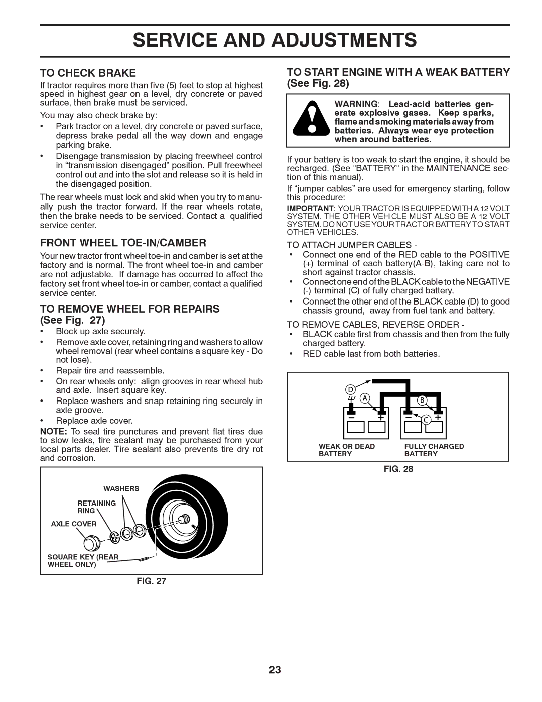 Husqvarna YTH2042 owner manual To Check Brake, Front Wheel TOE-IN/CAMBER, To Remove Wheel for Repairs See Fig 